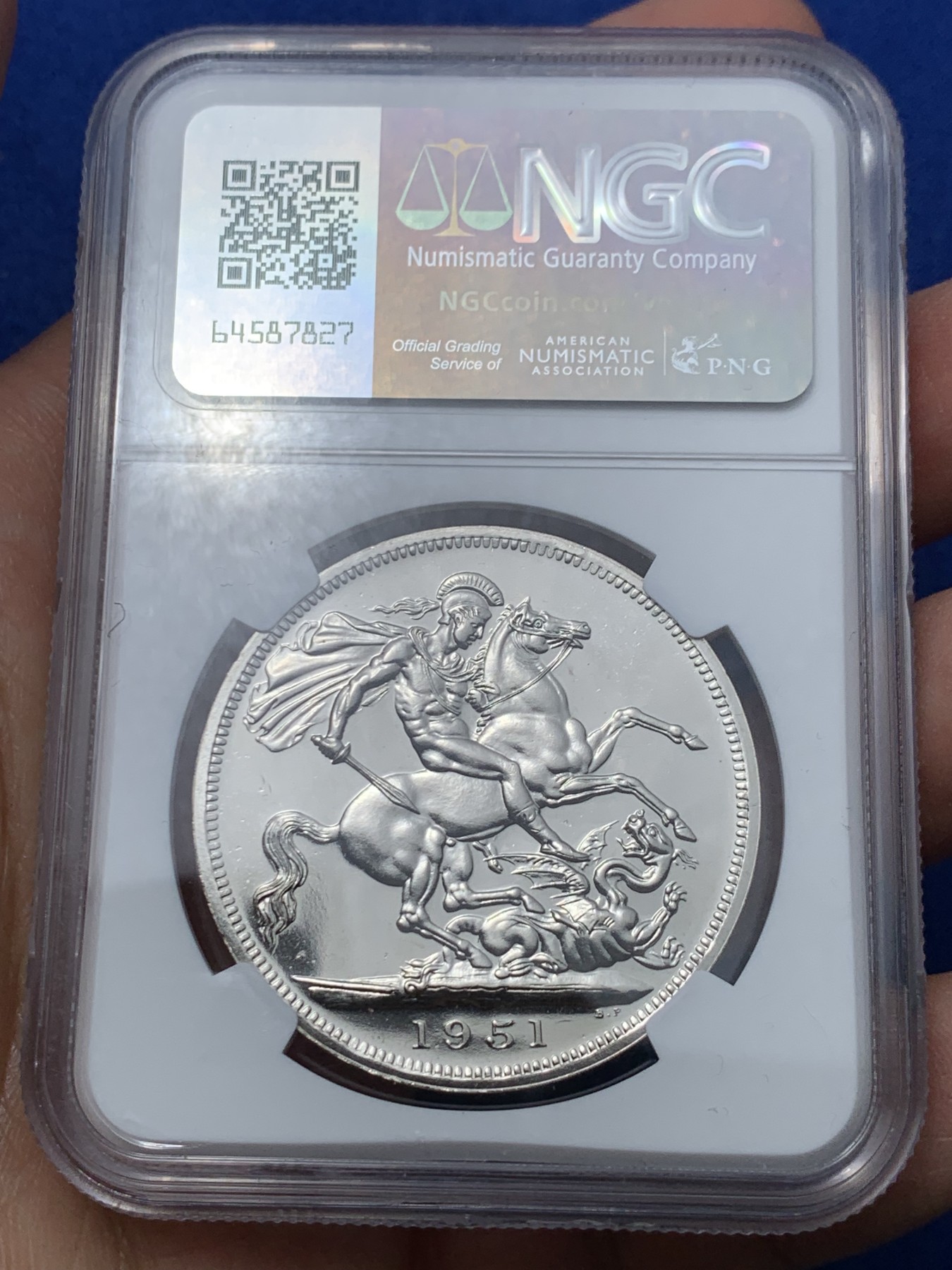 《竞宝斋》第240场-周日，周一 年终尾场 (全场包邮) NGC PL64 英国1951年乔治六世克朗 最后的镍马剑