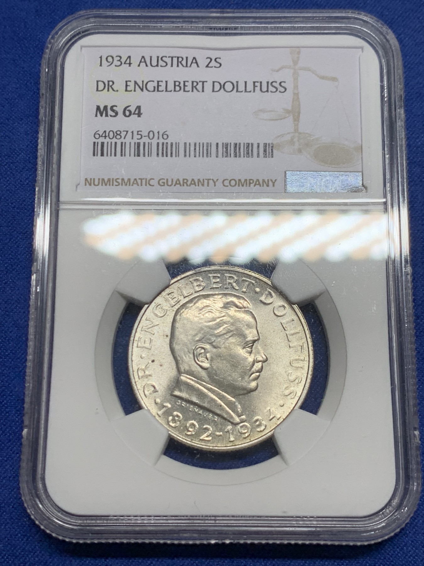 《竞宝斋》第240场-周日，周一 年终尾场 (全场包邮) NGC MS64 奥地利1934年总理逝世纪念2先令银币 转光好品 少见