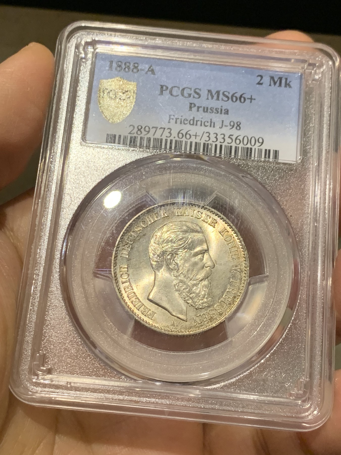 《竞宝斋》第240场-周日，周一 年终尾场 (全场包邮) PCGS-MS66+ 德国普鲁士1888三皇年弗里德里希三世短翅鹰2马克银币，高分难得，转光强烈。