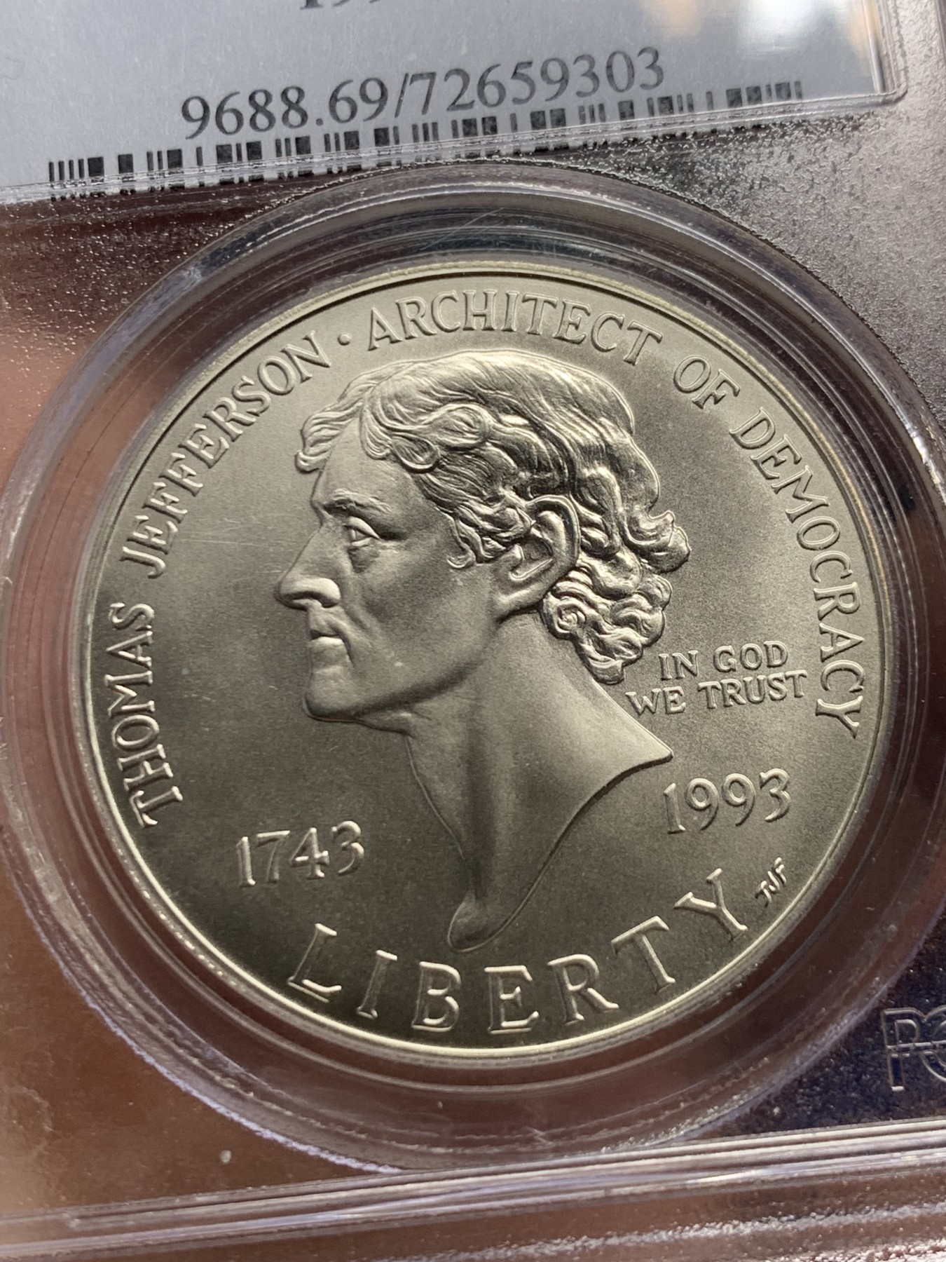 《竞宝斋》第240场-周日，周一 年终尾场 (全场包邮) PCGS MS69 美国1993年托马斯杰斐逊总统诞辰250周年纪念磨砂银币 克劳斯最具历史意义币