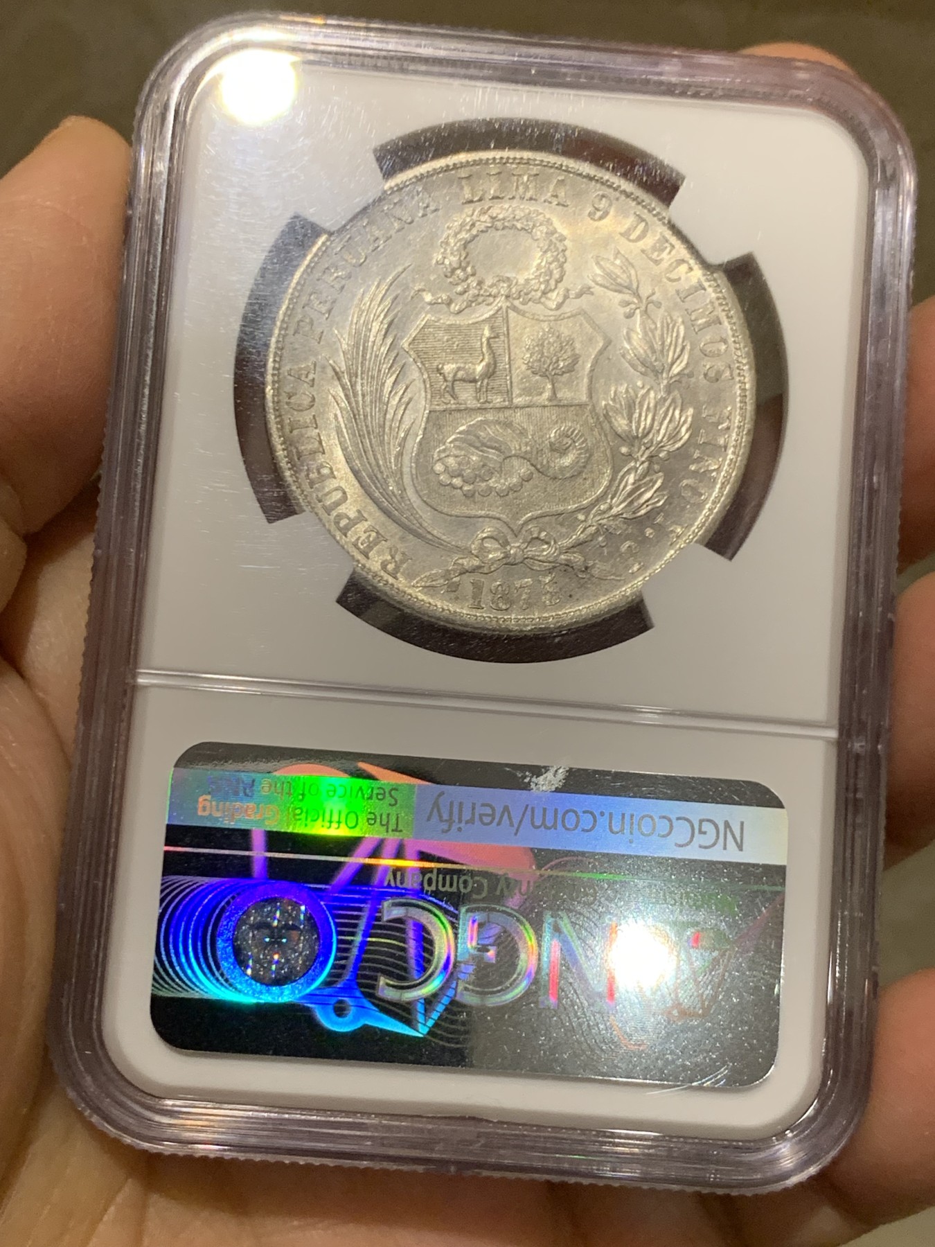 《竞宝斋》第240场-周日，周一 年终尾场 (全场包邮) NGC MS64 秘鲁1875年1索尔 早期高银版 高分