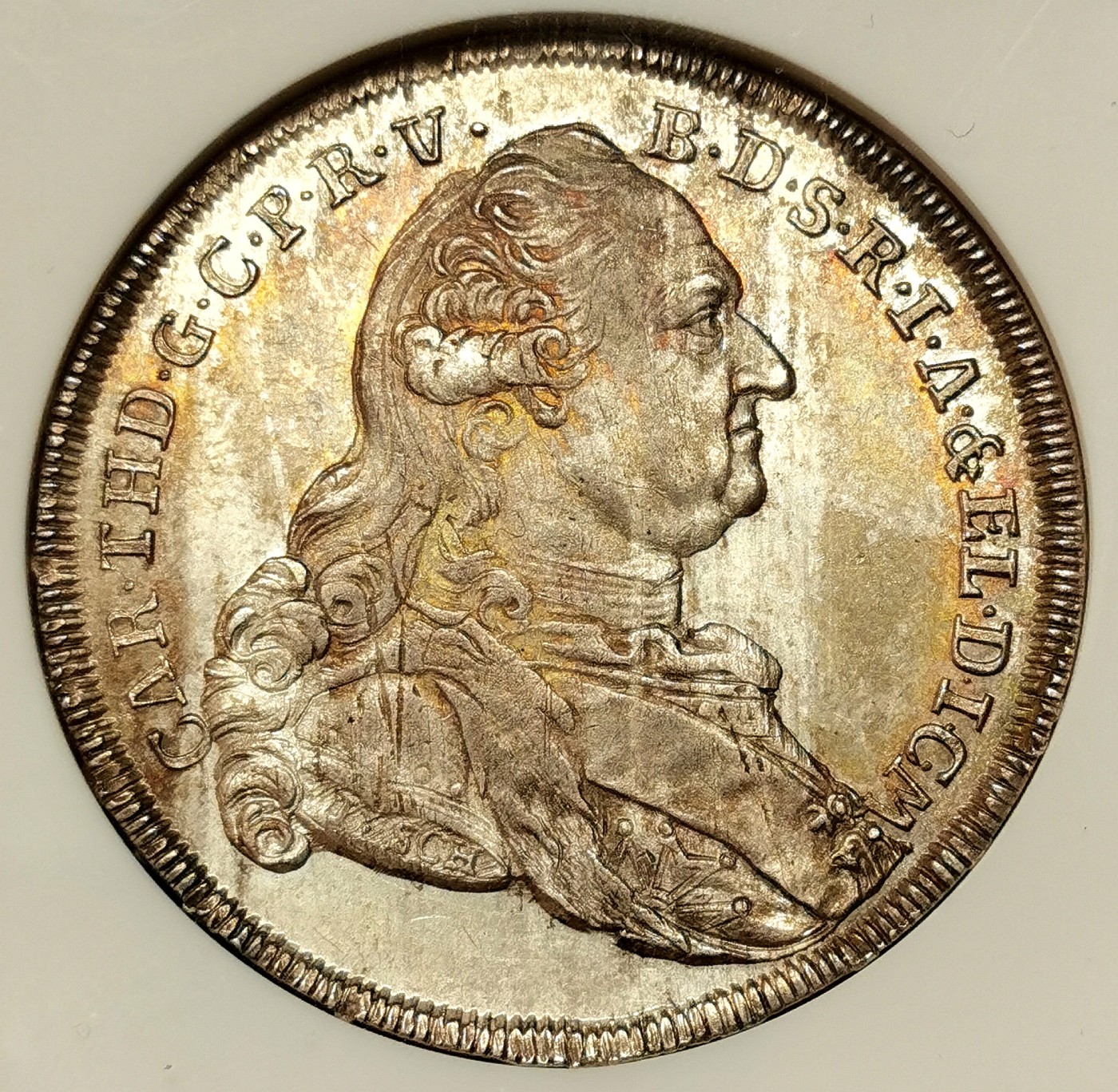 凡希社世界钱币微拍第二百六十期 荐！1781巴伐利亚选侯国卡尔·提奥多背圣母子泰勒大银NGC-MS63，DAV1965，KM#260.3，灰金双色包浆！