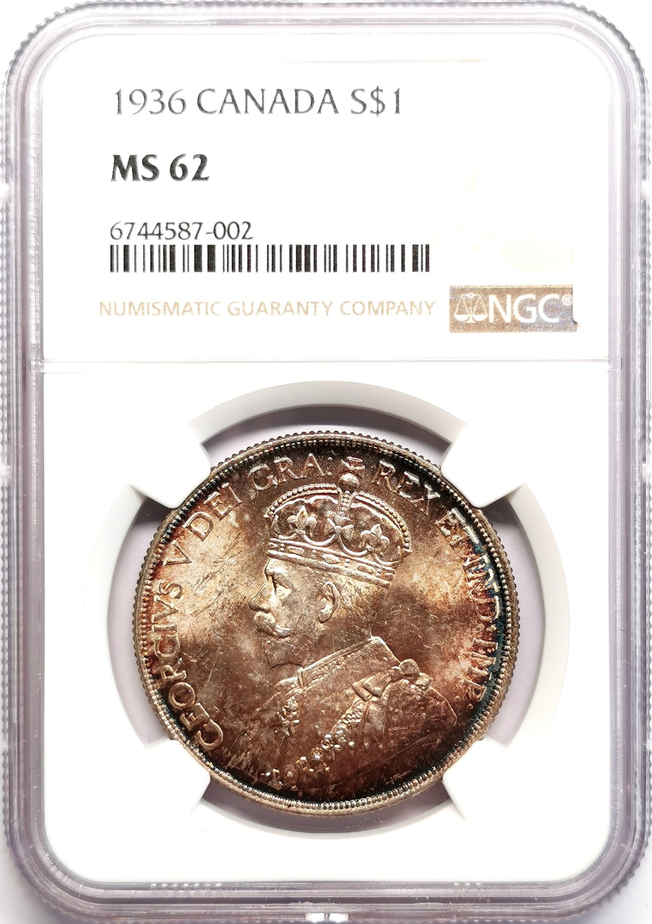 凡希社世界钱币微拍第二百六十期 1936加拿大乔五流通版一年型Dollar大银NGC-MS62 五彩绚烂美不胜收的一枚！