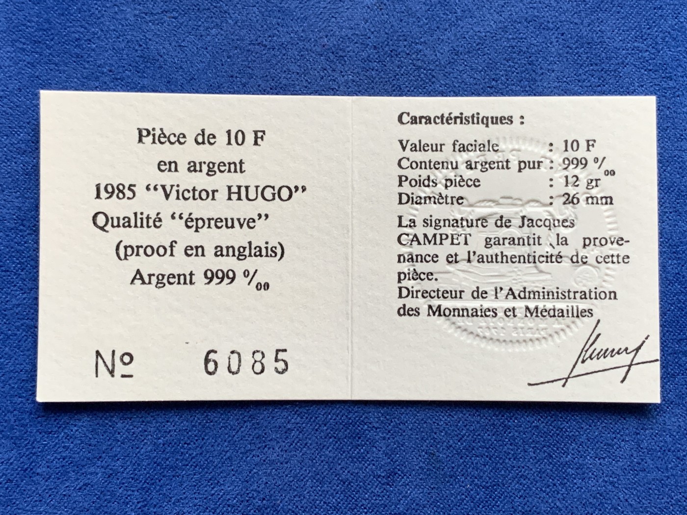 《竞宝斋》第240场-周日，周一 年终尾场 (全场包邮) 1985年法国雨果诞辰100周年银币原包装