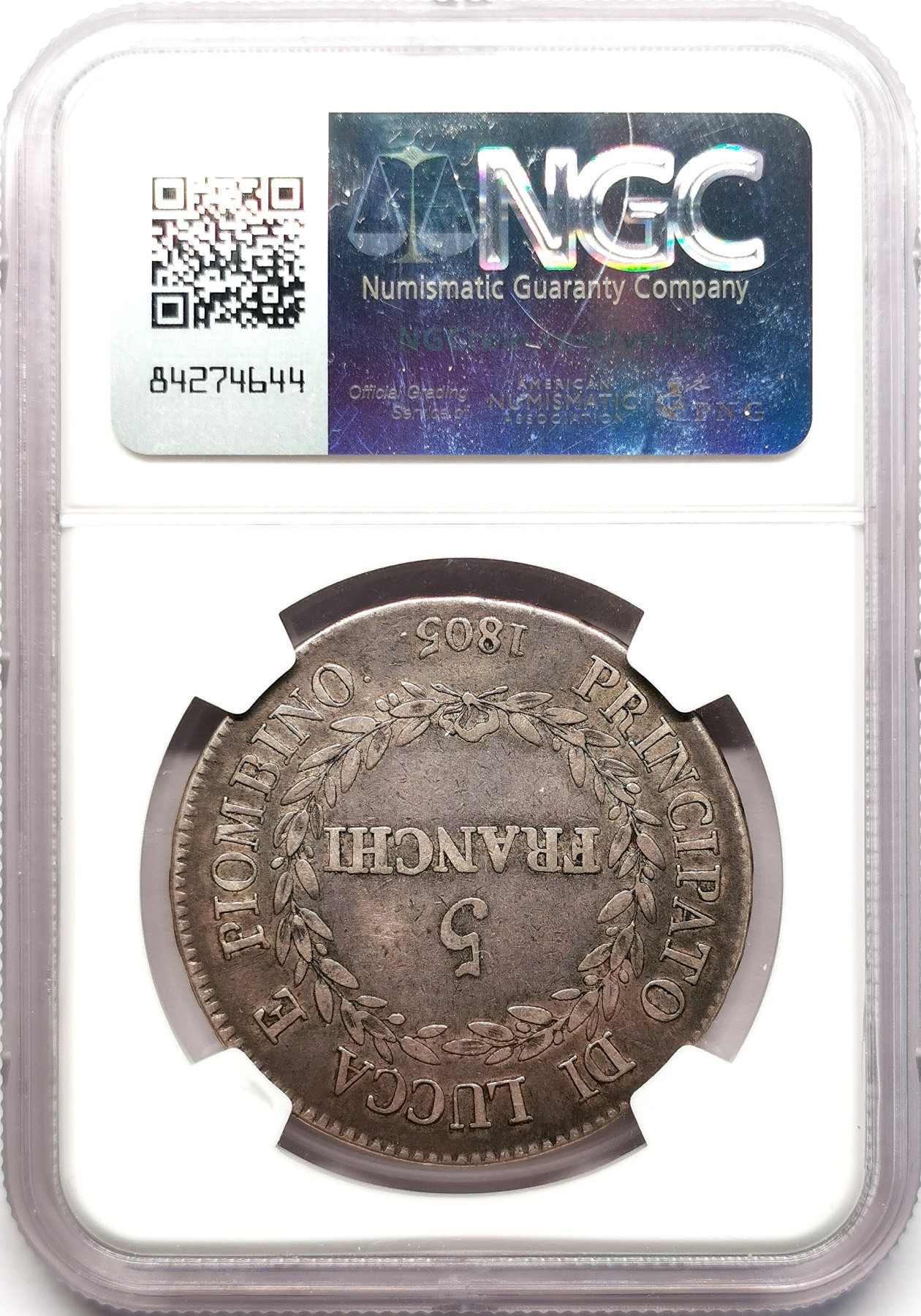 凡希社世界钱币微拍第二百六十期 1805意大利卢卡公国5法郎大银NGC-VF25