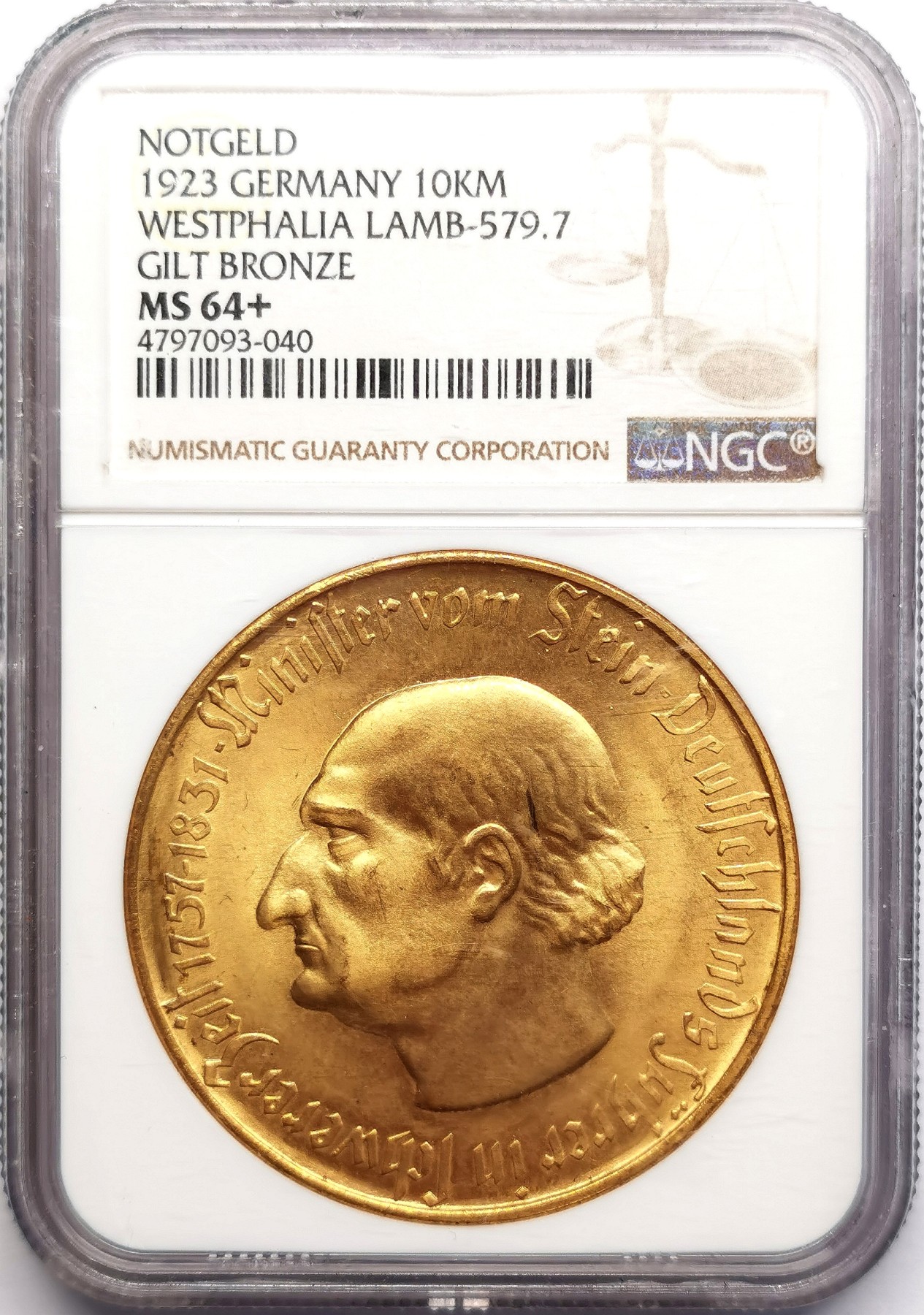 凡希社世界钱币微拍第二百六十期 1923威斯特伐利亚马币镀金1万马克MGC-MS64+ 窄边！