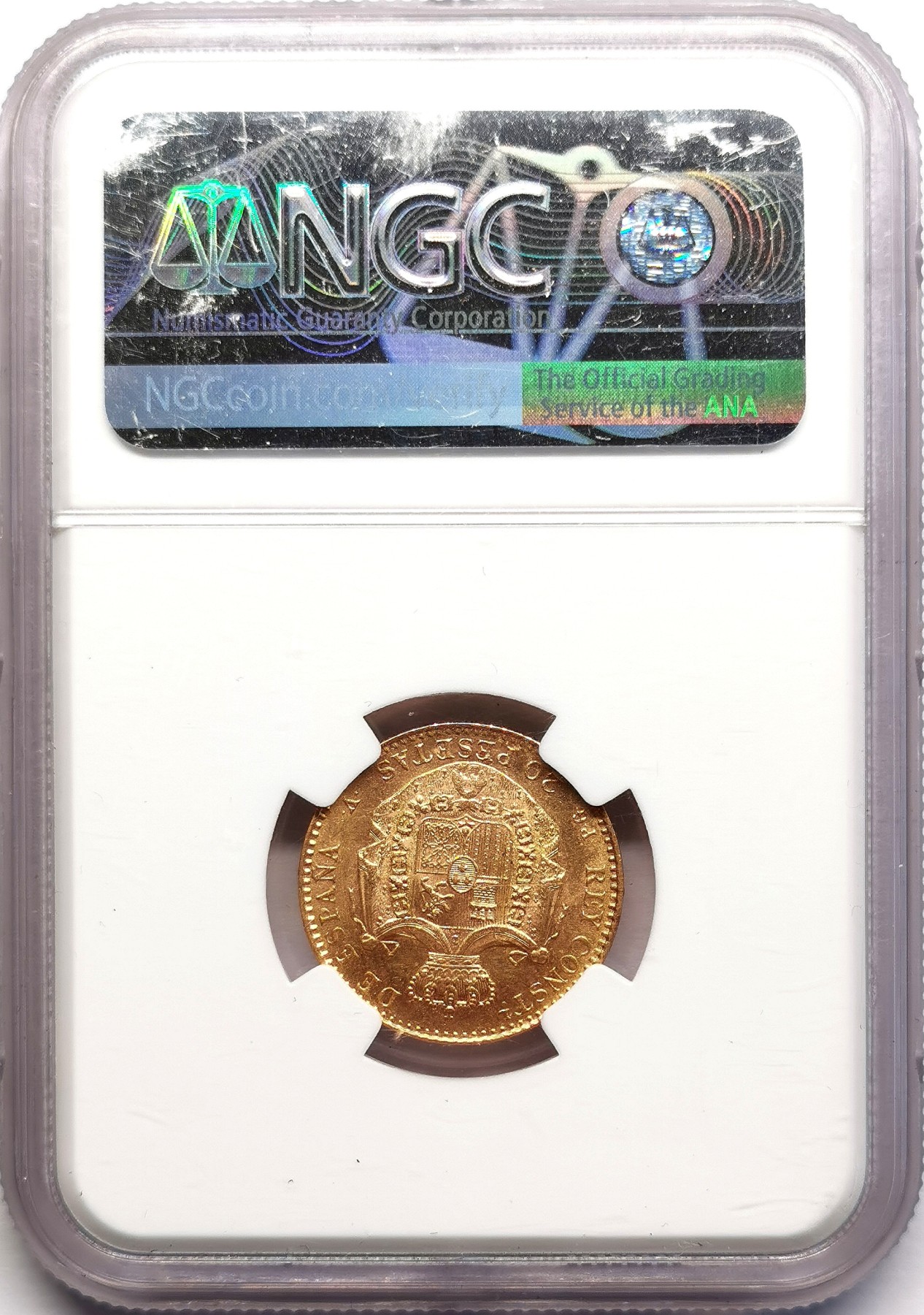 凡希社世界钱币微拍第二百六十期 1887西班牙阿丰索十三世婴孩头像20P金币NGC-MS64 6.45g,900金