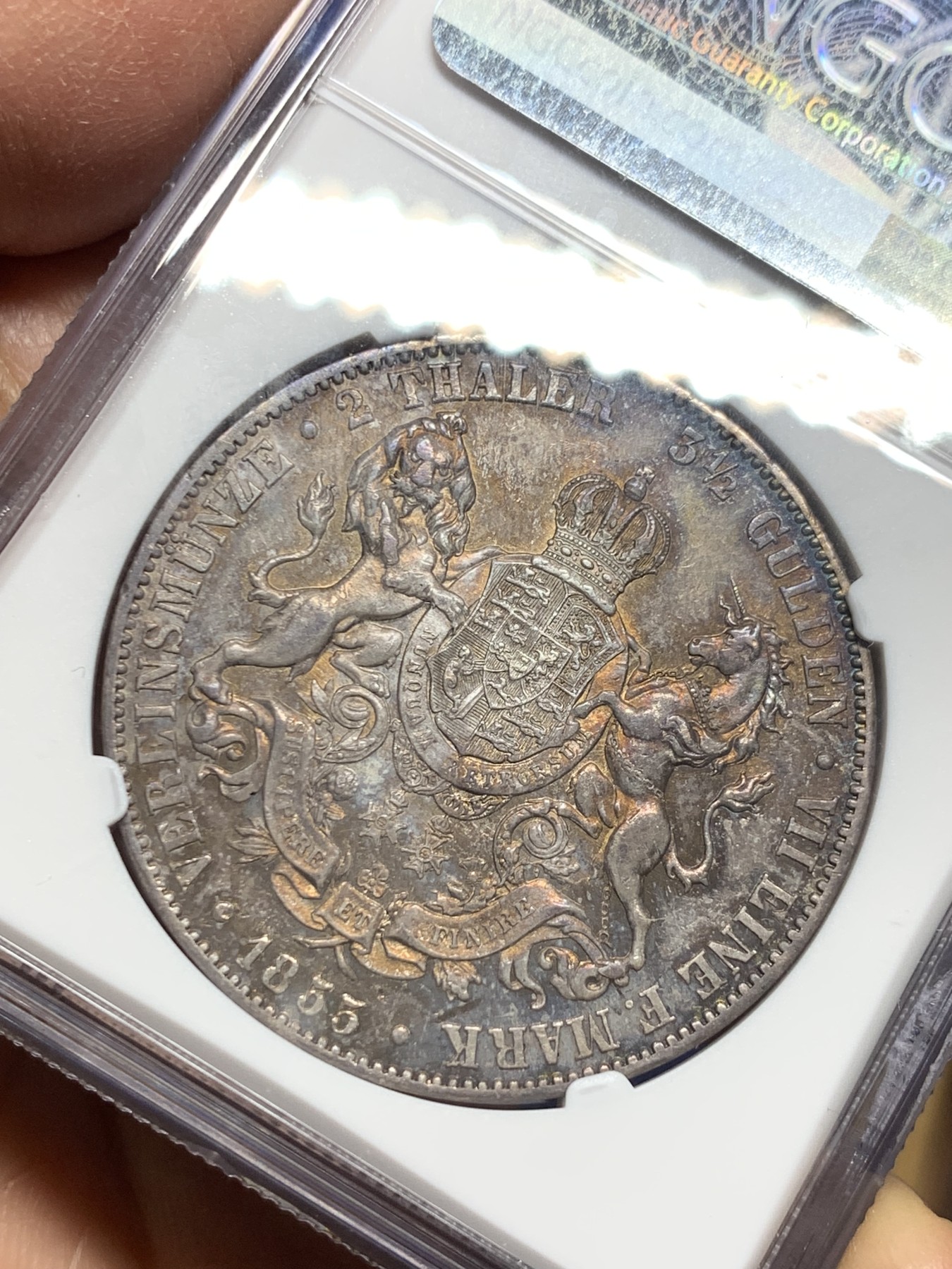 《竞宝斋》第240场-周日，周一 年终尾场 (全场包邮) NGC-UNC 德国1855年汉诺威2泰勒大银币 双狮清晰包浆极美 性价比好