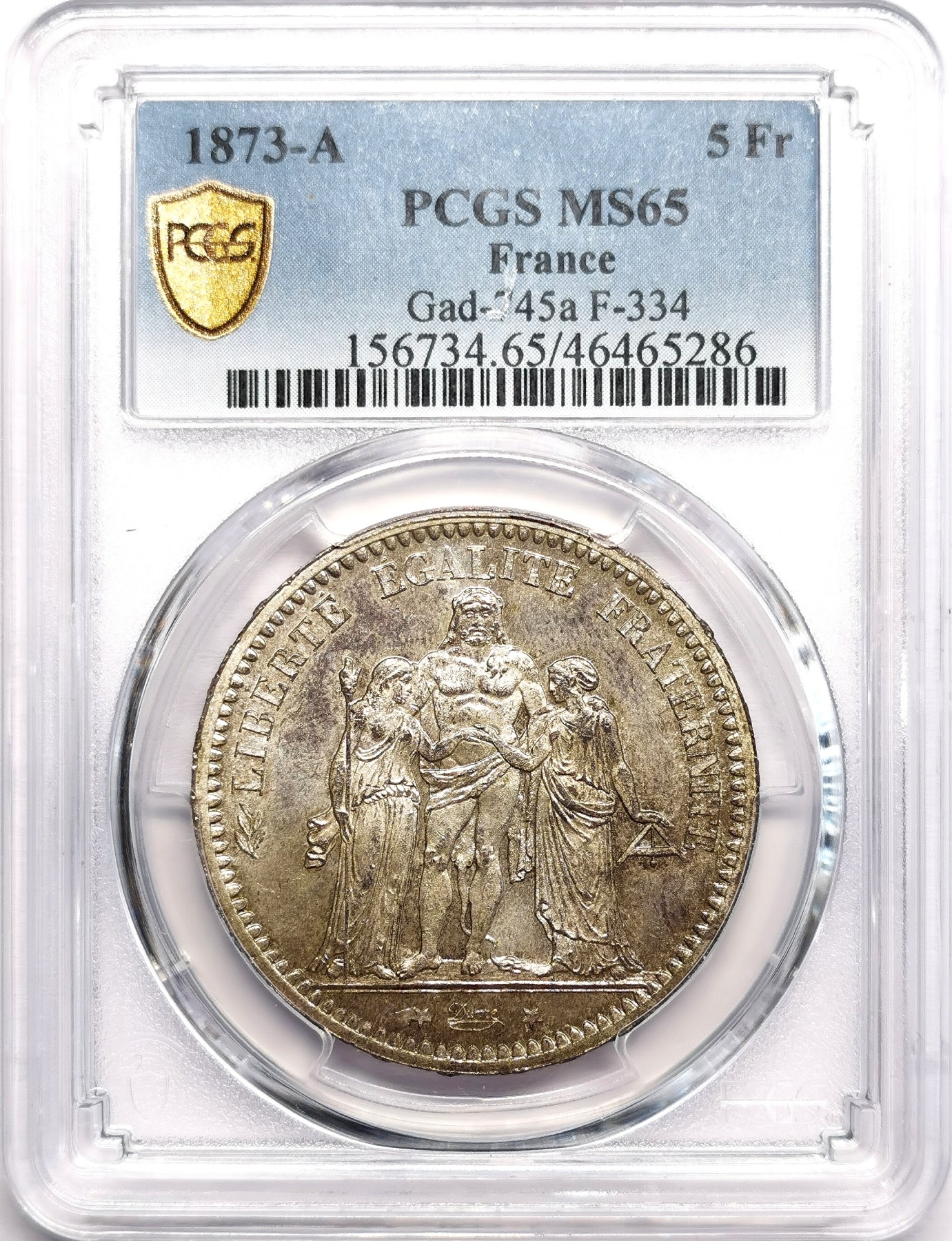 凡希社世界钱币微拍第二百六十期 1873A法国大力神5法郎PCGSA-MS65