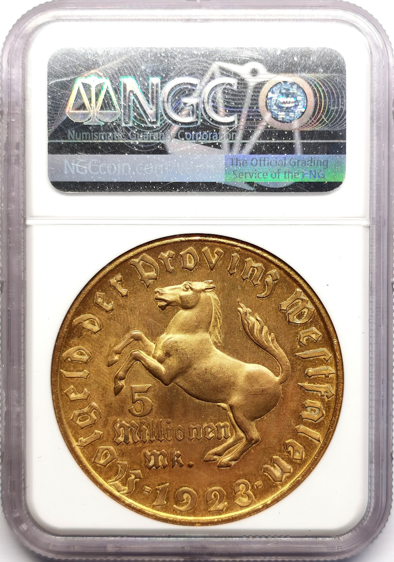 凡希社世界钱币微拍第二百六十期 1923威斯特伐利亚马币5百万马克NGC-MS64 稀有的三行字版本！