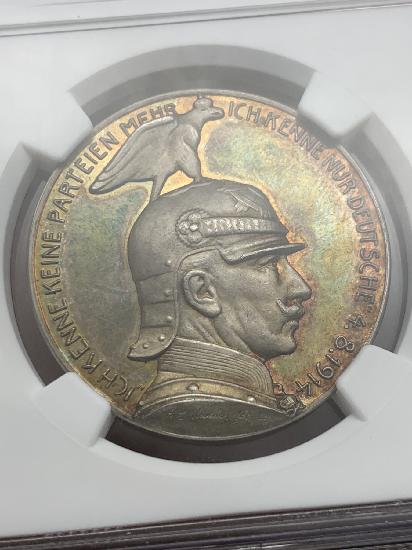 《竞宝斋》第240场-周日，周一 年终尾场 (全场包邮) NGC MS63 德国1914年威廉二世一战宣战演讲银章  NGC唯一亚军分 更高分只有一枚 同时也是PCGS亚军分 直径34.1mm,重量17.7g 高浮雕