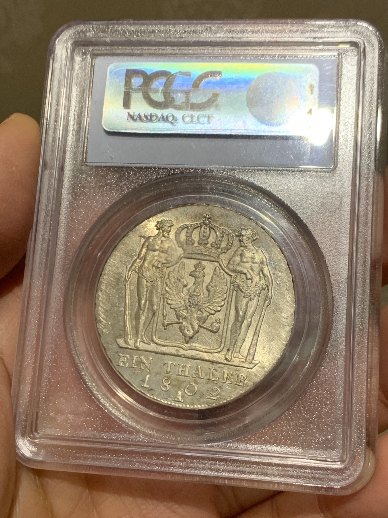 《竞宝斋》第240场-周日，周一 年终尾场 (全场包邮) PCGS MS62 德国 1802 腓特烈·威廉三世 野人1泰勒 银币 发丝清晰 高点俱在 值得收藏