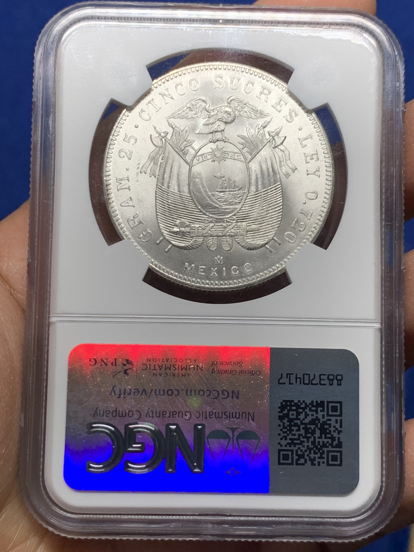 《竞宝斋》第240场-周日，周一 年终尾场 (全场包邮) NGC-MS63 厄瓜多尔 1944年5苏克雷银币 方便面头 卷拆爆光品相 闪闪发亮