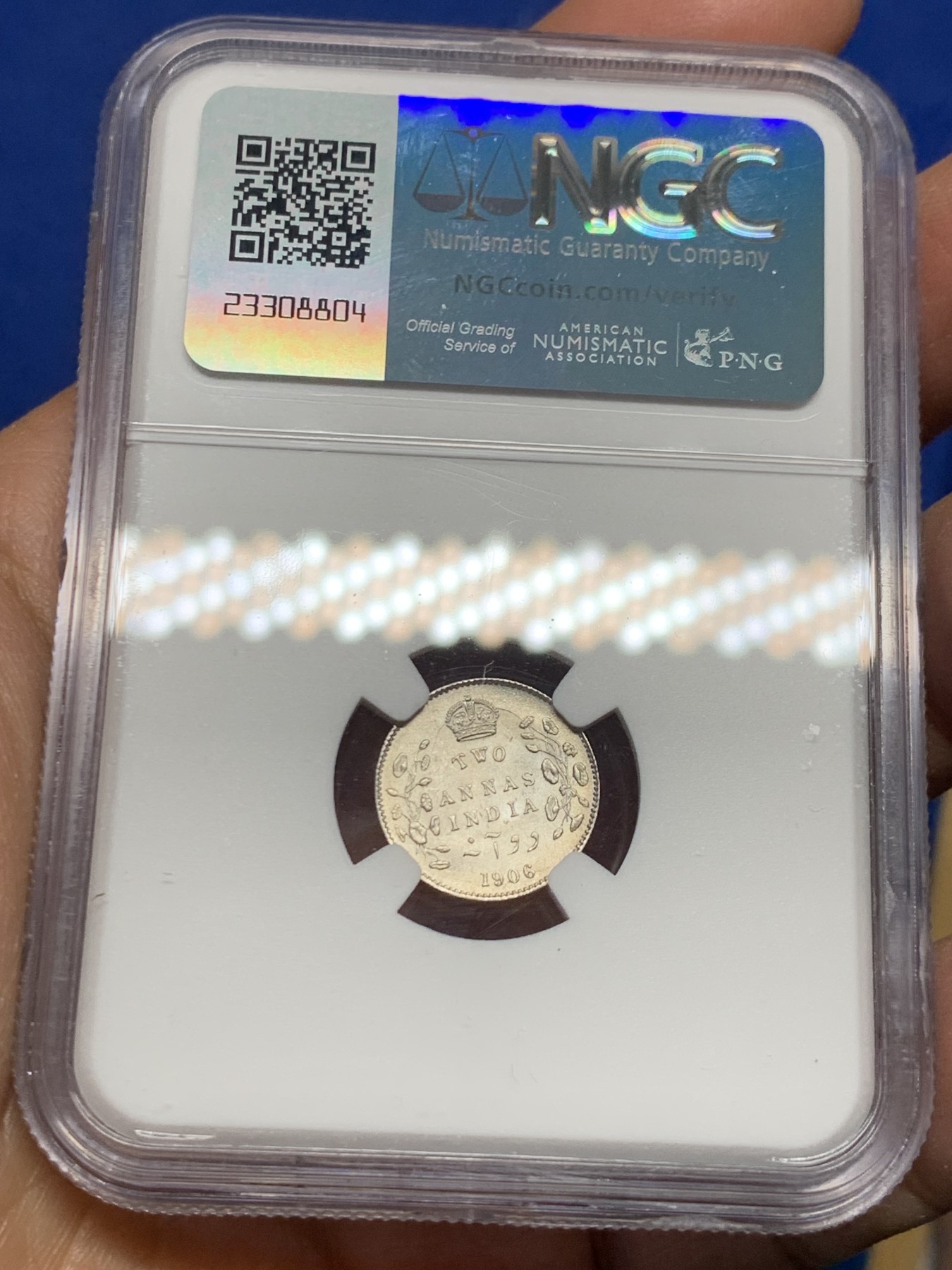 《竞宝斋》第240场-周日，周一 年终尾场 (全场包邮) NGC MS62 1906年C版 英属印度 爱七 2安娜 银币 原卷拆评级