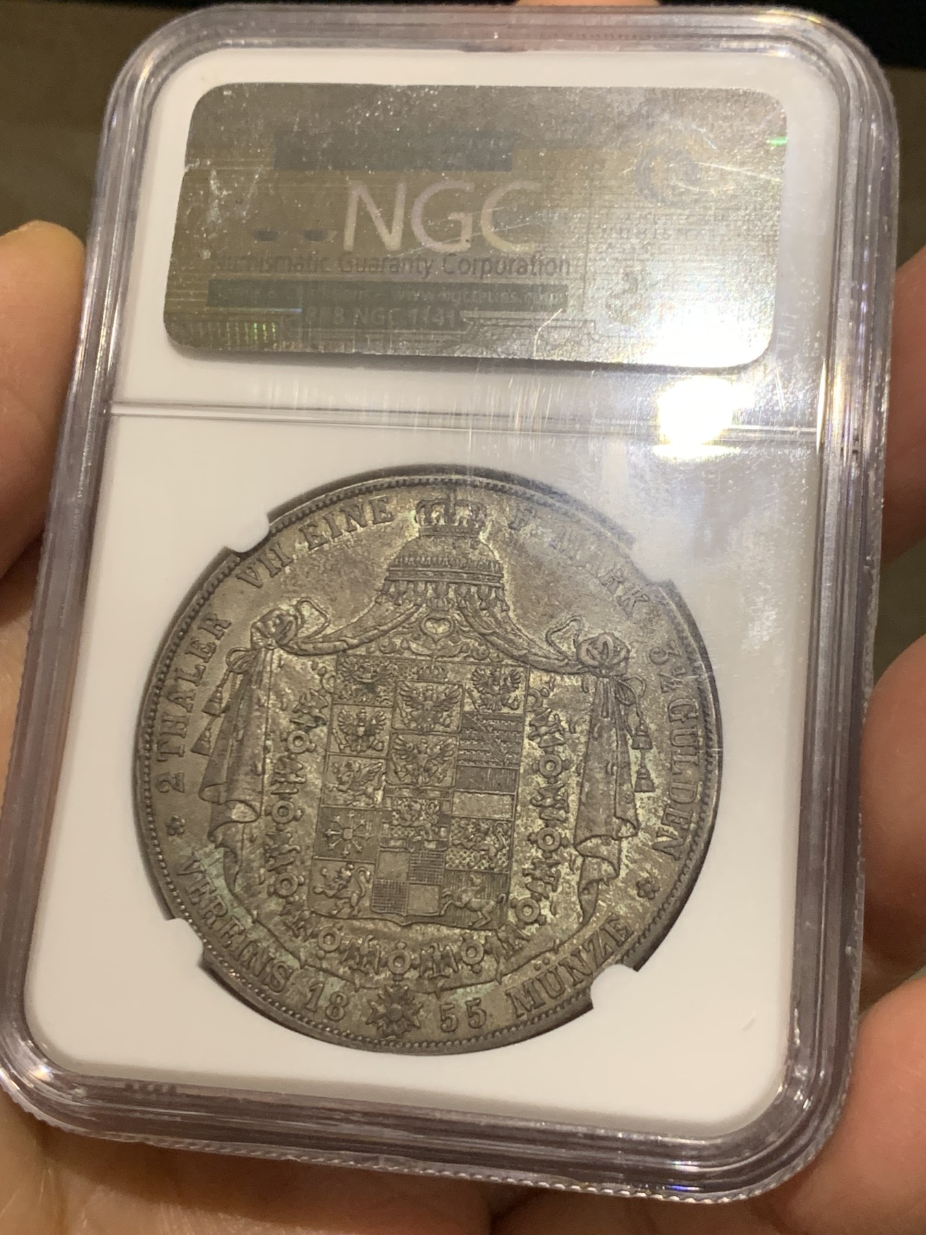 NGC MS63 德国1855普鲁士 洋葱头 2泰勒大窗帘银币 老盒封装双面深彩 均匀的灰绿包浆 难得状态