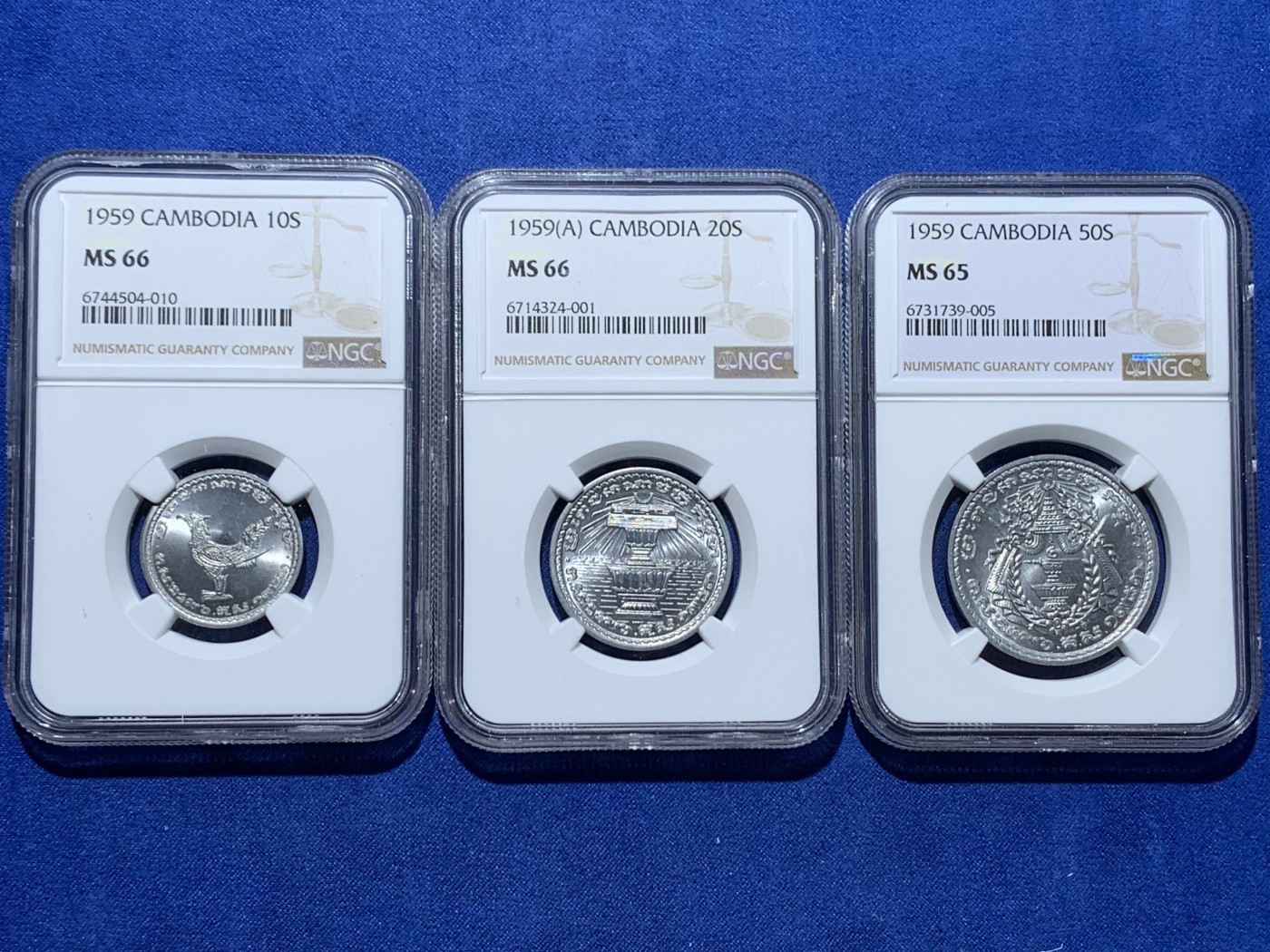 《竞宝斋》第240场-周日，周一 年终尾场 (全场包邮) 3枚一组 NGC MS65-66分 柬埔寨1959年全套，高分好光一步到位！