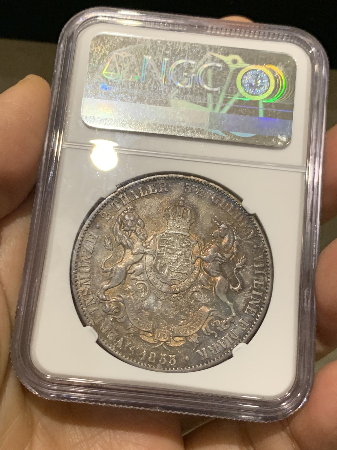 《竞宝斋》第240场-周日，周一 年终尾场 (全场包邮) NGC-UNC 德国1855年汉诺威2泰勒大银币 双狮清晰包浆极美 性价比好