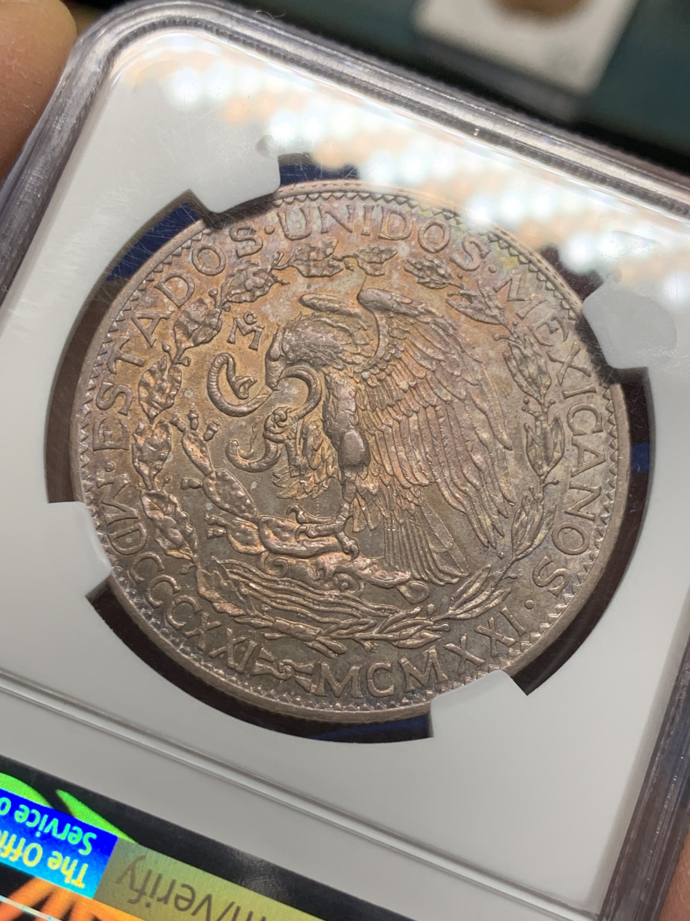 《竞宝斋》第240场-周日，周一 年终尾场 (全场包邮) NGC AU55 墨西哥1921年独立女神2比索银币 双面欧洲老五彩 早期品种 很少见的2P