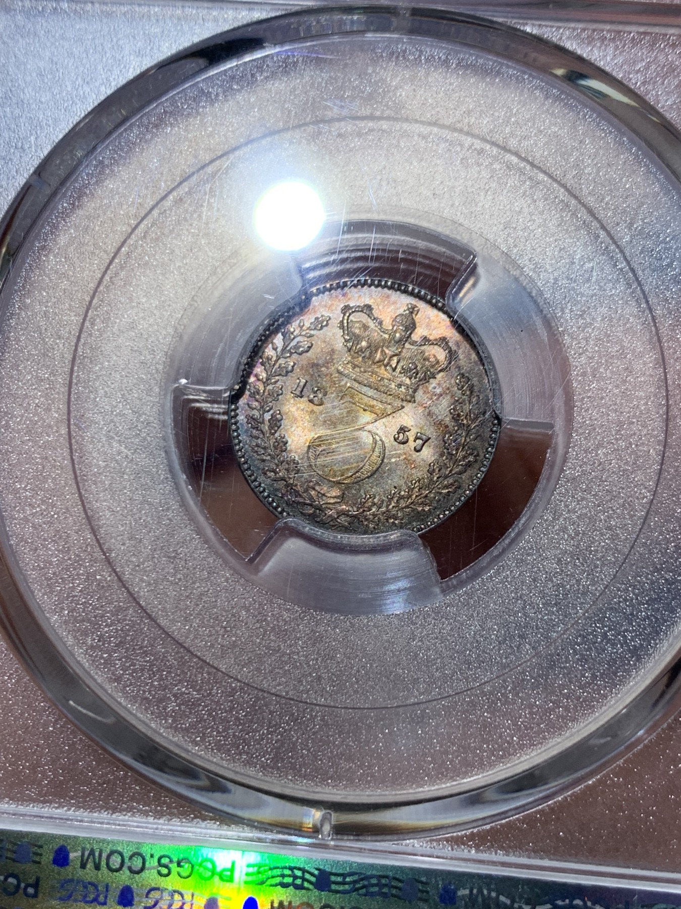 《竞宝斋》第240场-周日，周一 年终尾场 (全场包邮) 4枚一组 PCGS PL63-67 英国1857小维早期濯足币，1D+2D+3D+4D面值，顶级分数PL状态，附送原盒传承有序