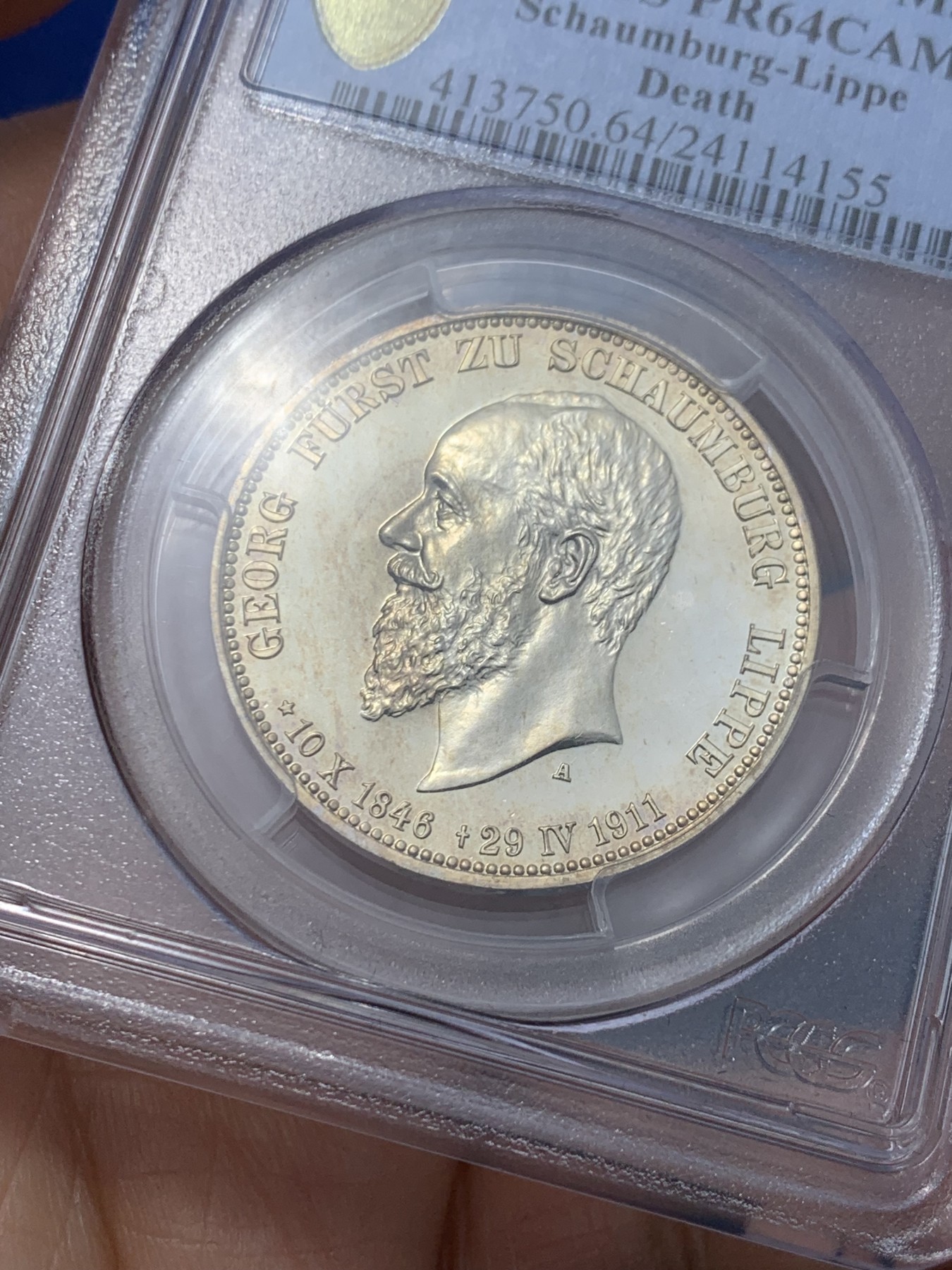 《竞宝斋》第240场-周日，周一 年终尾场 (全场包邮) PCGS-PR64CAM,德国1911年绍姆堡利普纪念3马克精制银币，金色包浆闪闪亮