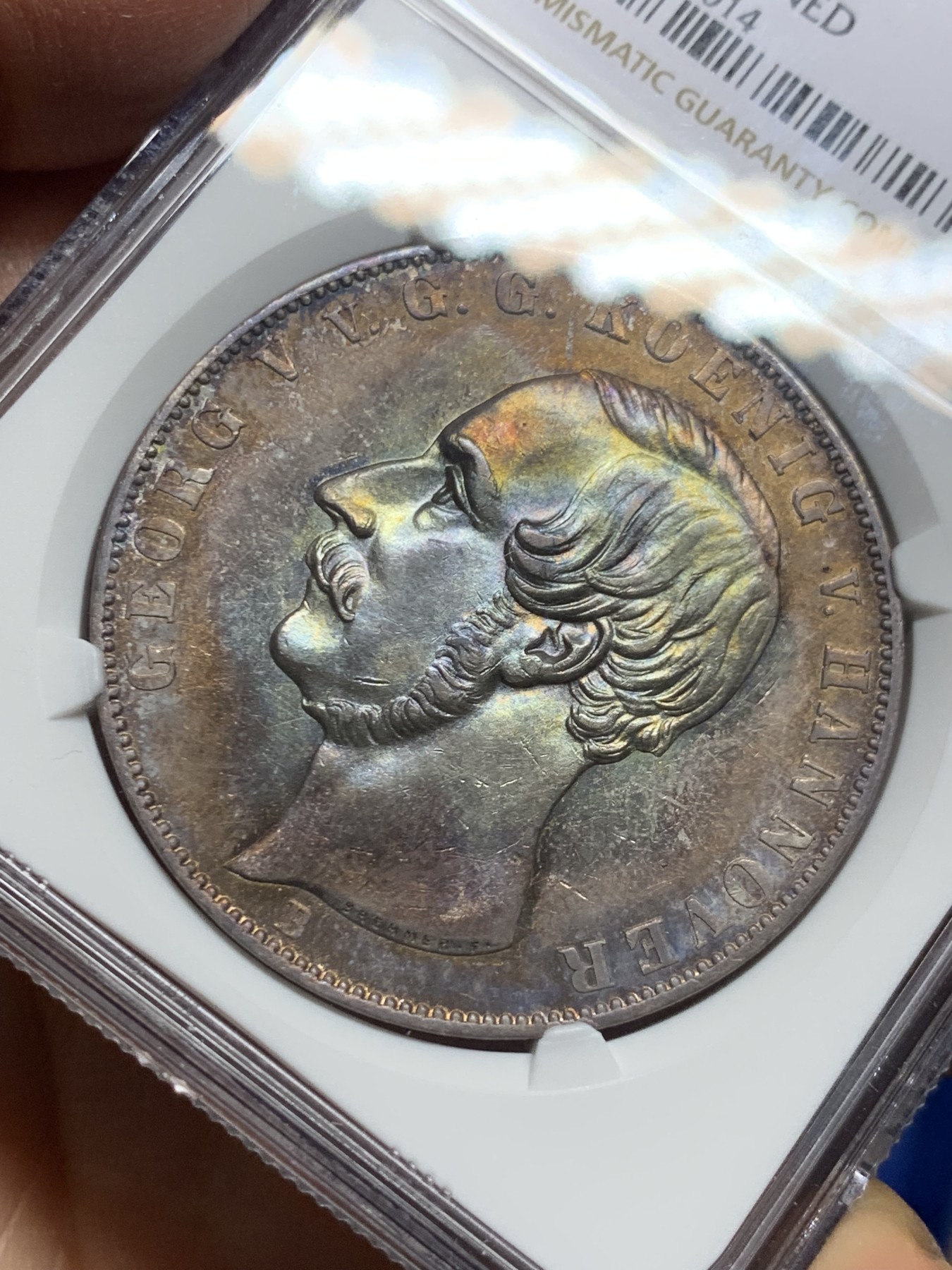 《竞宝斋》第240场-周日，周一 年终尾场 (全场包邮) NGC-UNC 德国1855年汉诺威2泰勒大银币 双狮清晰包浆极美 性价比好