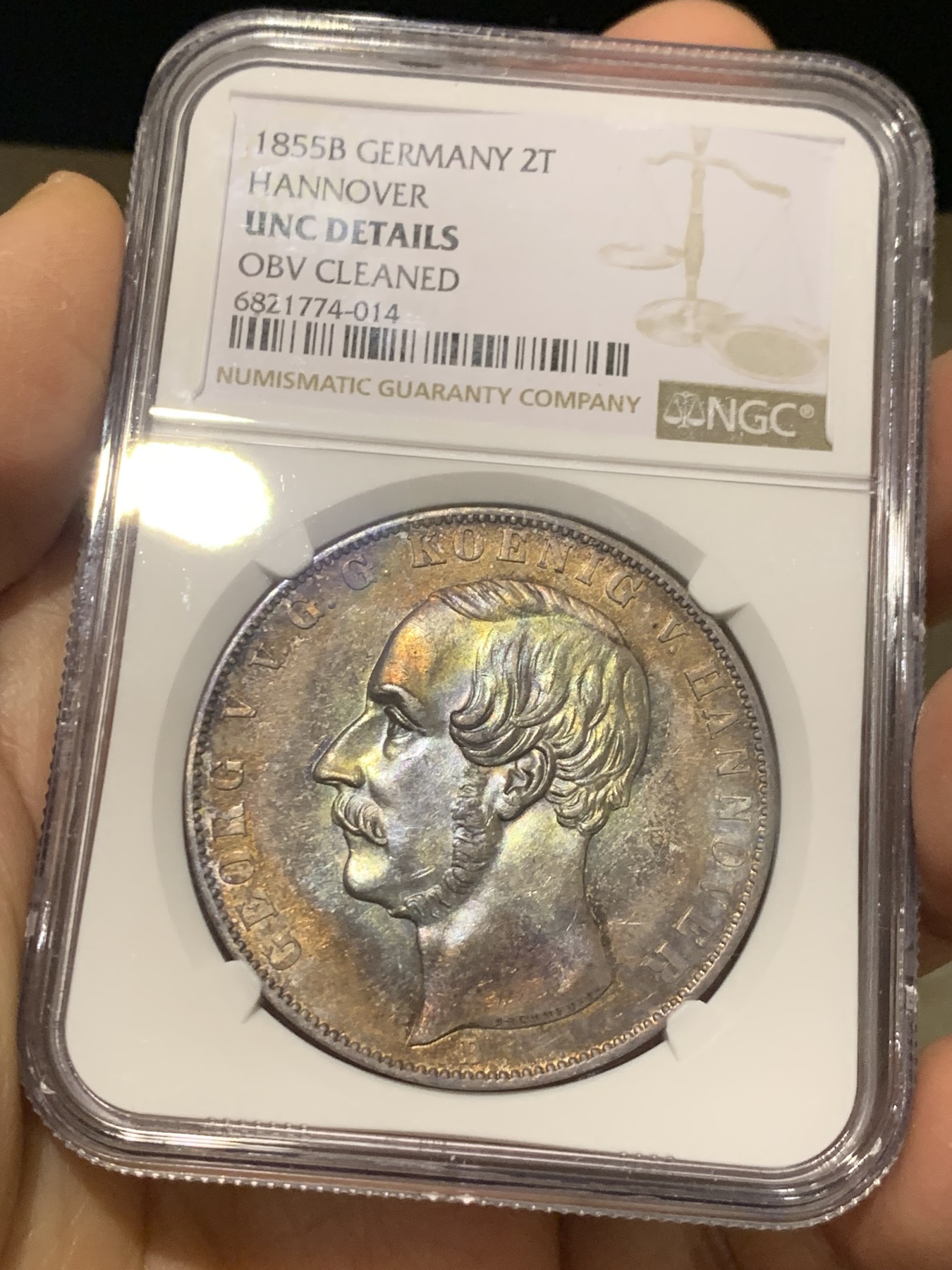 《竞宝斋》第240场-周日，周一 年终尾场 (全场包邮) NGC-UNC 德国1855年汉诺威2泰勒大银币 双狮清晰包浆极美 性价比好