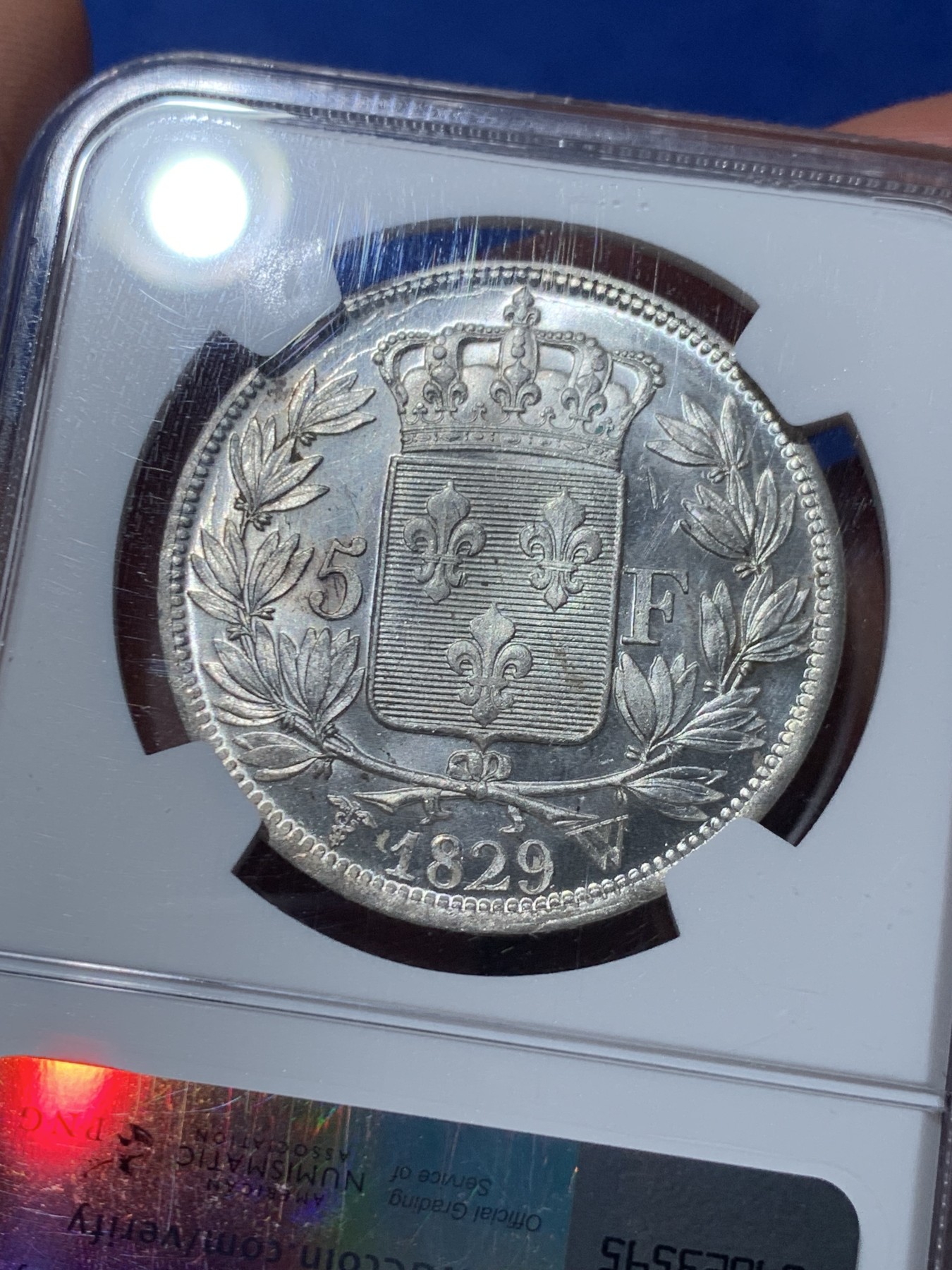 《竞宝斋》第240场-周日，周一 年终尾场 (全场包邮) NGC MS63 唯一亚军分 法国1829查理十世5法郎银币 W厂里尔铸造 原光好品未流通 十字转光凝霜感，深打制状态无敌，字口锋利