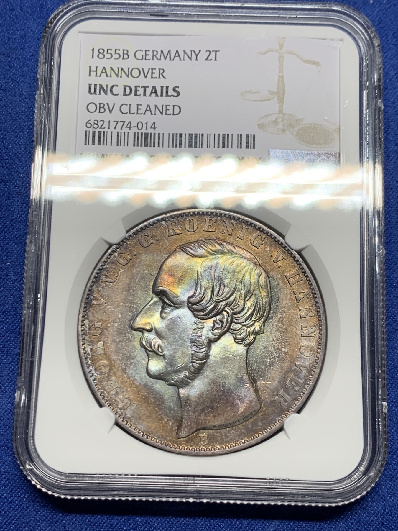 《竞宝斋》第240场-周日，周一 年终尾场 (全场包邮) NGC-UNC 德国1855年汉诺威2泰勒大银币 双狮清晰包浆极美 性价比好