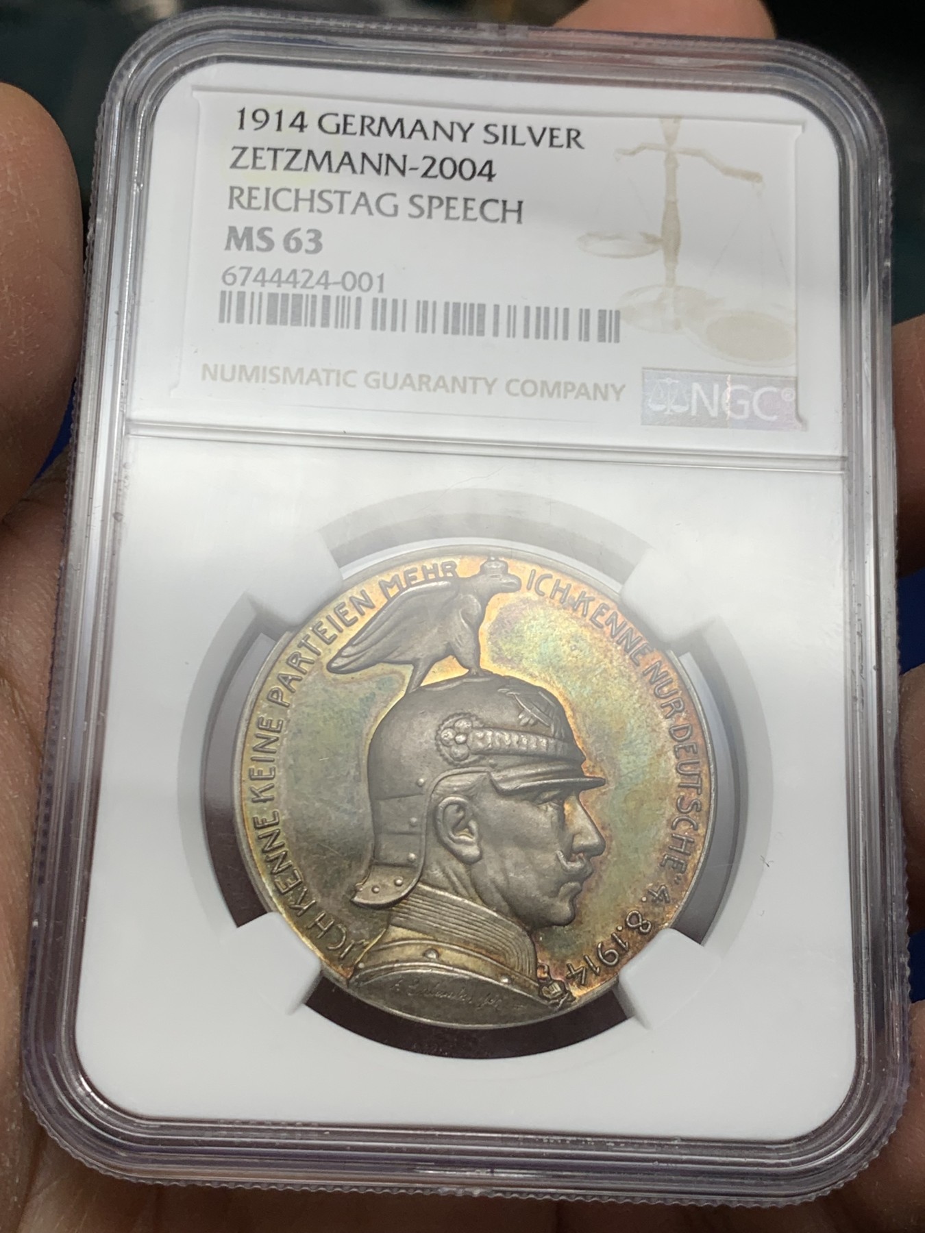 《竞宝斋》第240场-周日，周一 年终尾场 (全场包邮) NGC MS63 德国1914年威廉二世一战宣战演讲银章  NGC唯一亚军分 更高分只有一枚 同时也是PCGS亚军分 直径34.1mm,重量17.7g 高浮雕