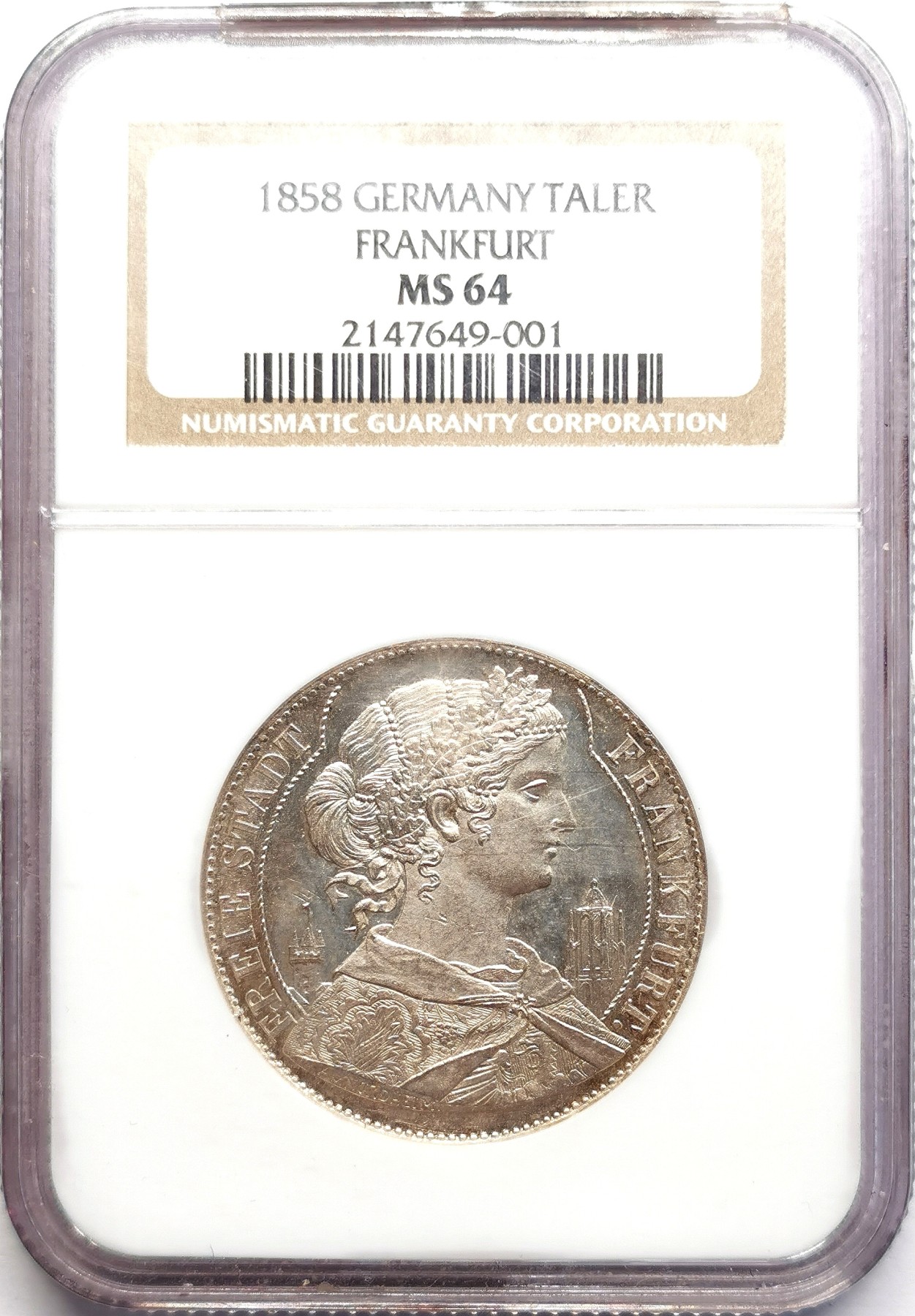 凡希社世界钱币微拍第二百六十期 荐！1858法兰克福绳圈版少女泰勒NGC-MS64 稀有的绳圈版，仅发行两年铸量12,000枚，书价是普通无绳圈版的四倍，实物有强烈的PL类镜面效果！