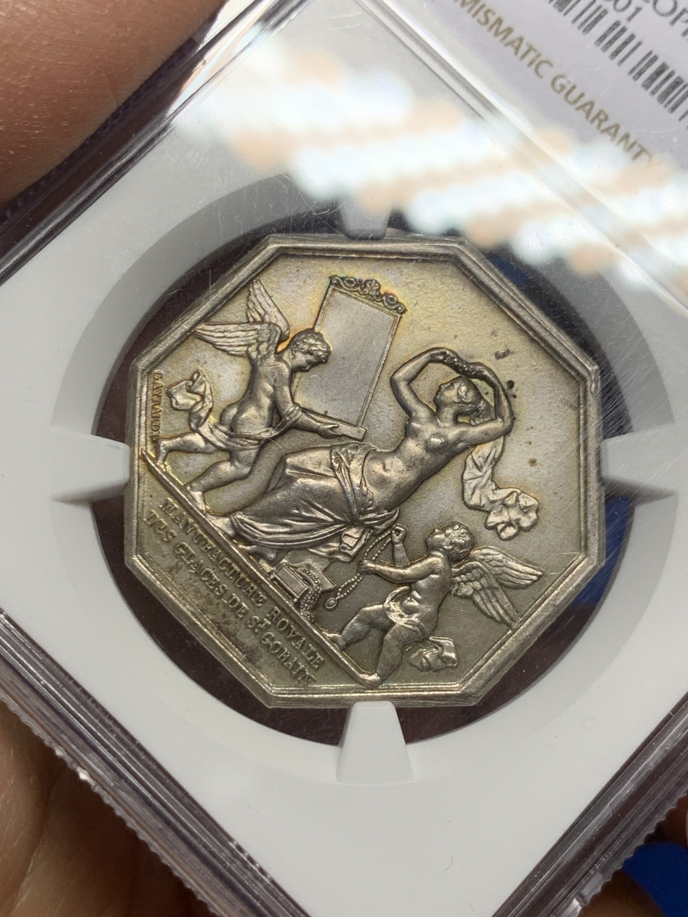 《竞宝斋》第240场-周日，周一 年终尾场 (全场包邮) NGC MS65 法国经典魔镜八角银质代币 65分高等级