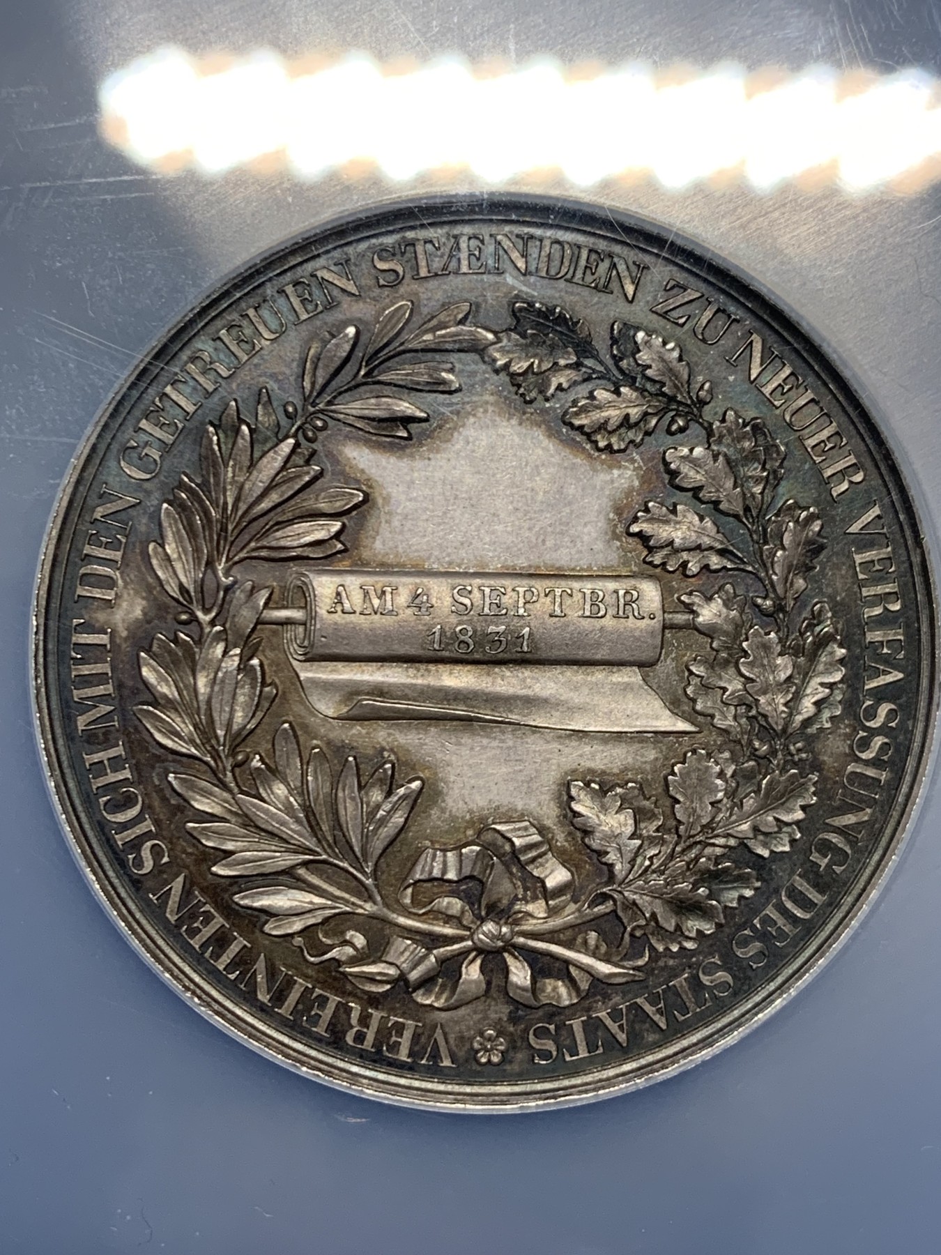 《竞宝斋》第240场-周日，周一 年终尾场 (全场包邮) NGC-MS64 1831 德意志萨克森邦国新宪法纪念大银章 浮雕状态与细节 胜过币不少 大规格大盒封装 此款确实少见