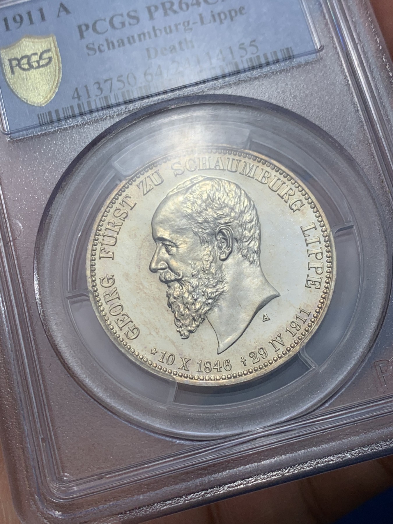 《竞宝斋》第240场-周日，周一 年终尾场 (全场包邮) PCGS-PR64CAM,德国1911年绍姆堡利普纪念3马克精制银币，金色包浆闪闪亮