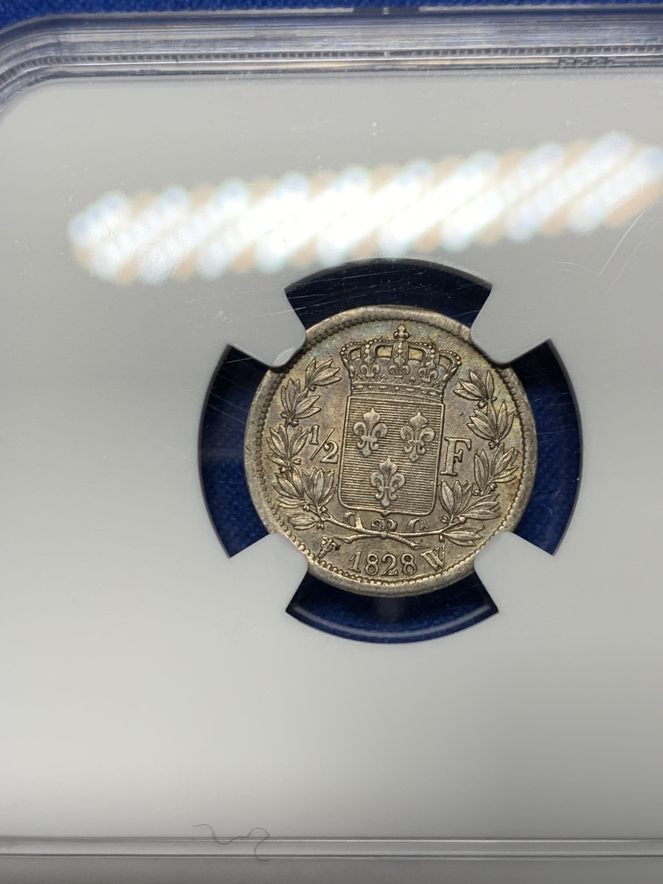 《竞宝斋》第240场-周日，周一 年终尾场 (全场包邮) NGC AU55 法国1828年W版查理十世1/2法郎银币 半法郎好品相稀有 原味老五彩