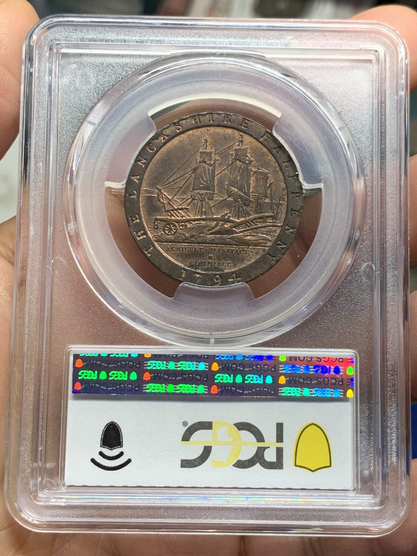 《竞宝斋》第240场-周日，周一 年终尾场 (全场包邮) PCGS MS63RB 英国1794年兰开斯特半便士铜代币 Conder Token，底板镜面效果明显，RB状态原铜光，少见状态。SOHO厂制作，大车轮便士技术鼻祖，最早采用宽边铭技术的钱币，麦稀奇63分成交含佣￥1981
