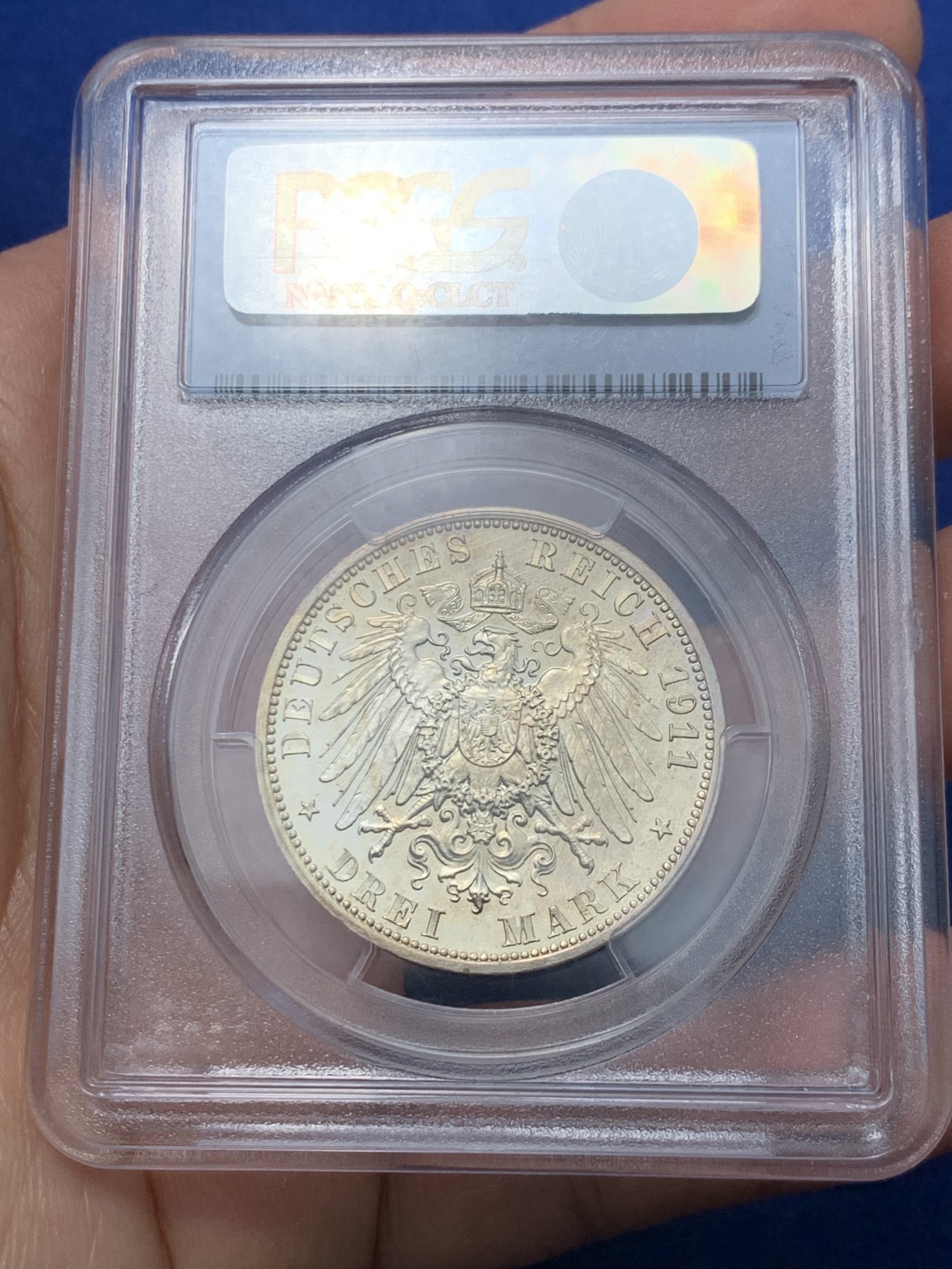 《竞宝斋》第240场-周日，周一 年终尾场 (全场包邮) PCGS-PR64CAM,德国1911年绍姆堡利普纪念3马克精制银币，金色包浆闪闪亮