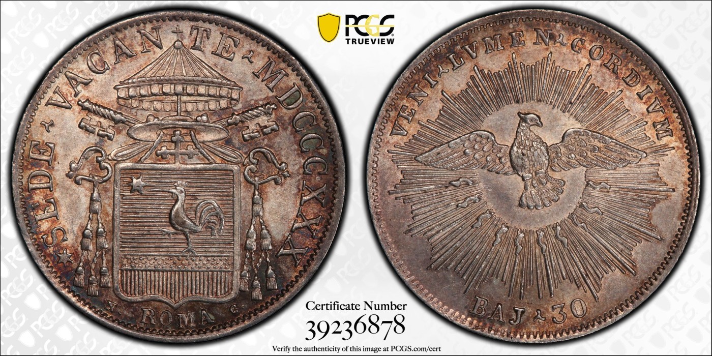 凡希社世界钱币微拍第二百六十期 荐！1830R教皇国教宗缺位30B银币PCGS-MS64 紫罗兰彩，P唯一最高分，2012年同分的拍卖记录已是977美金！