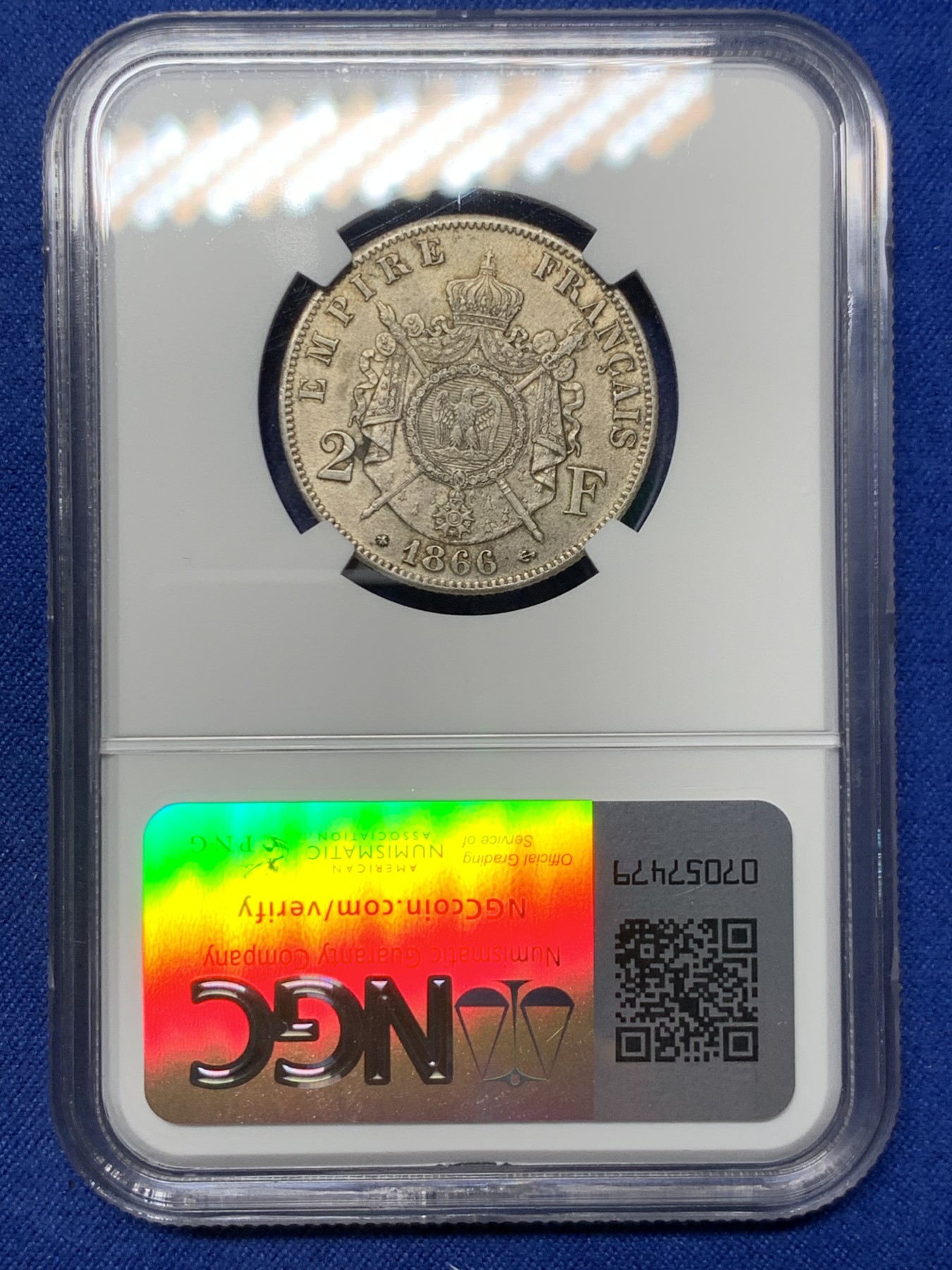 《竞宝斋》第240场-周日，周一 年终尾场 (全场包邮) NGC MS61 1866年A版法国拿破仑三世2法郎银币 少见面值 很难有ms品 比5法郎少很多