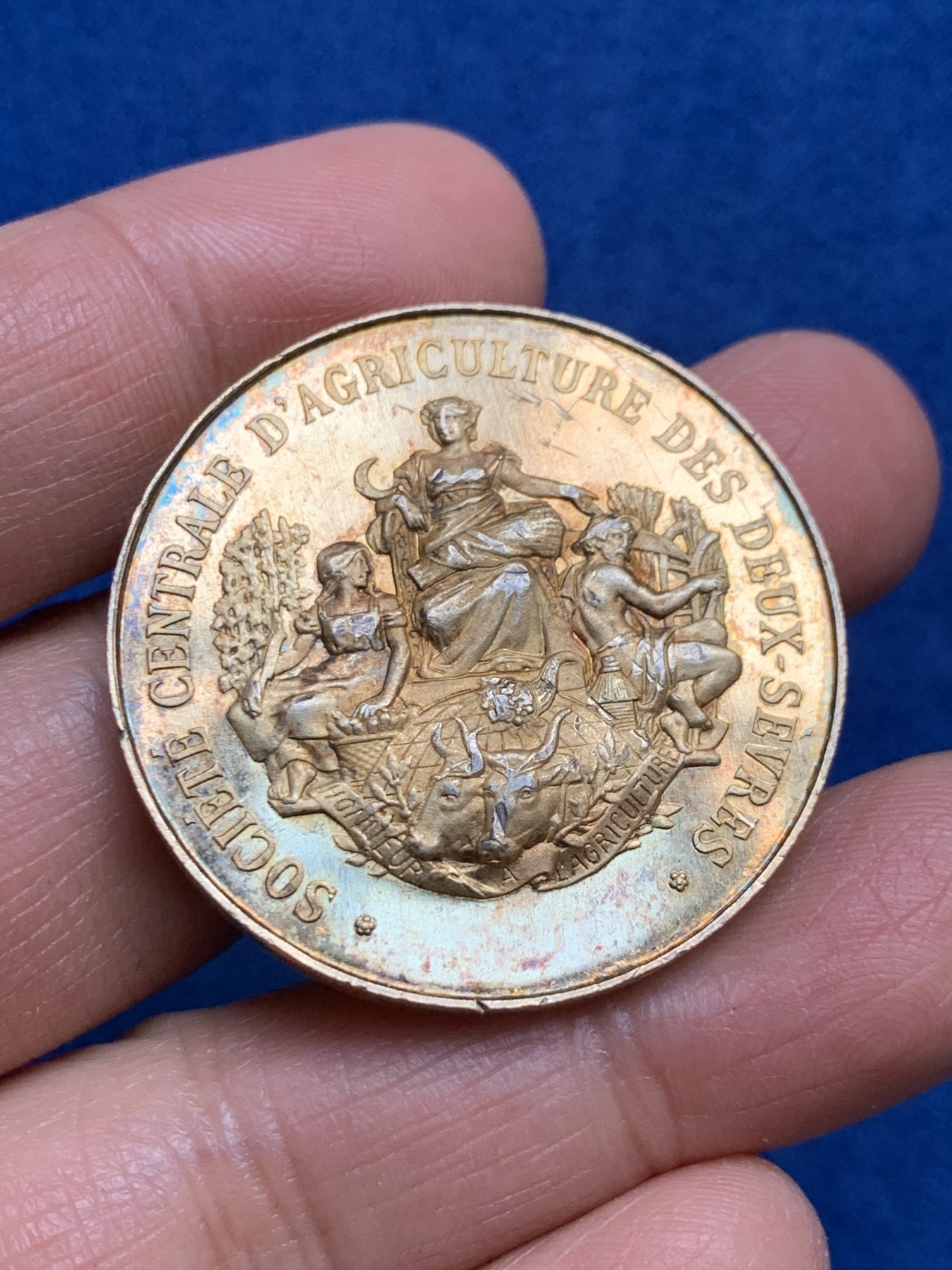 《竞宝斋》第240场-周日，周一 年终尾场 (全场包邮) F.VERNON作品 比例恰当的玛丽安娜头像 镀金银章 带银标 36.6mm 22.1克  打制立体精美 日常光线下金色蓝色绚丽耀眼 实物更加立体漂亮