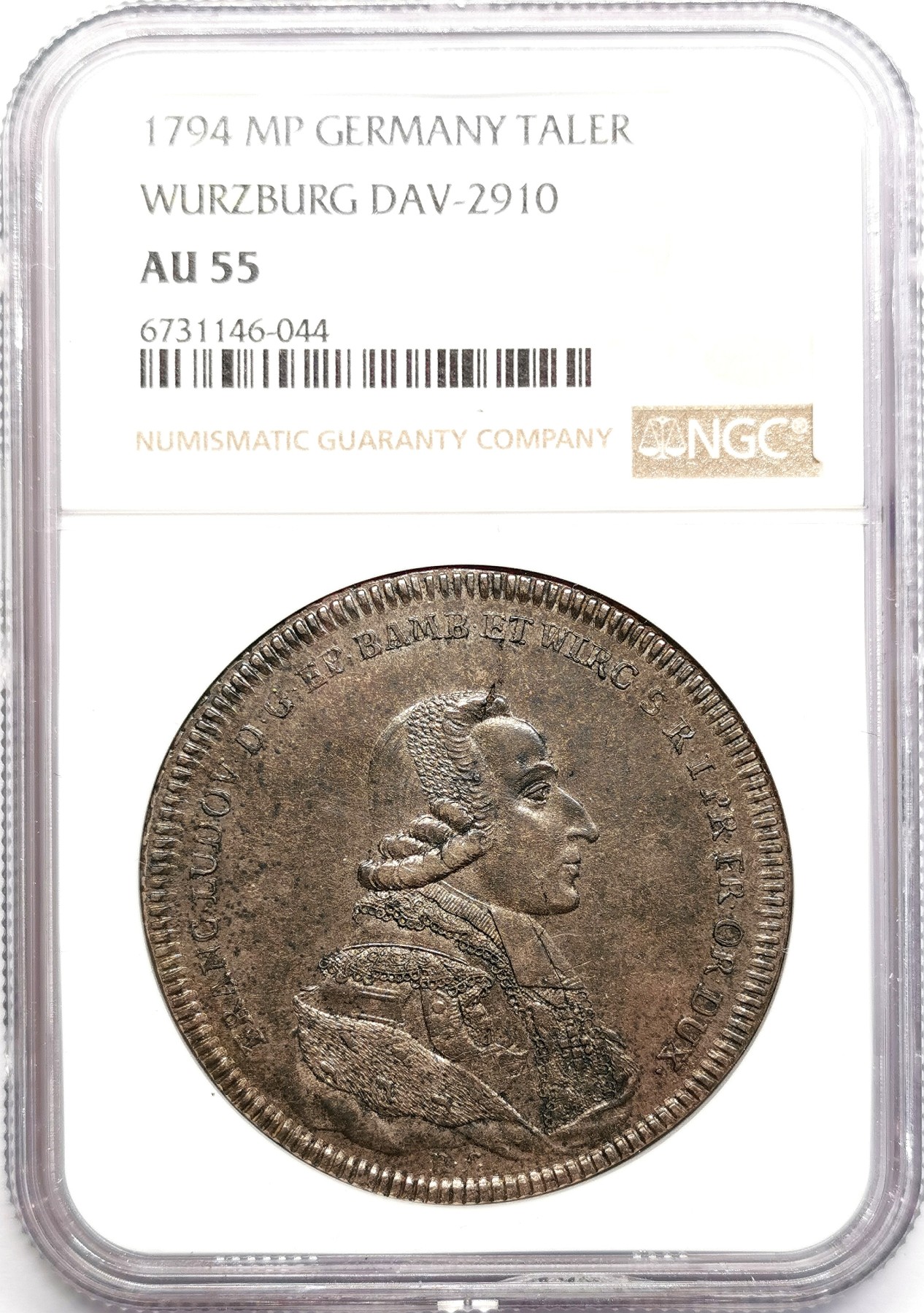 凡希社世界钱币微拍第二百六十期 荐！1794维尔茨堡采邑主教泰勒大银NGC-AU55，稀有品种，正面主教像刻画传神，背图小天使正向代表着知识的地球仪与书籍敬献花环，包浆淳熟味道极赞的一枚！