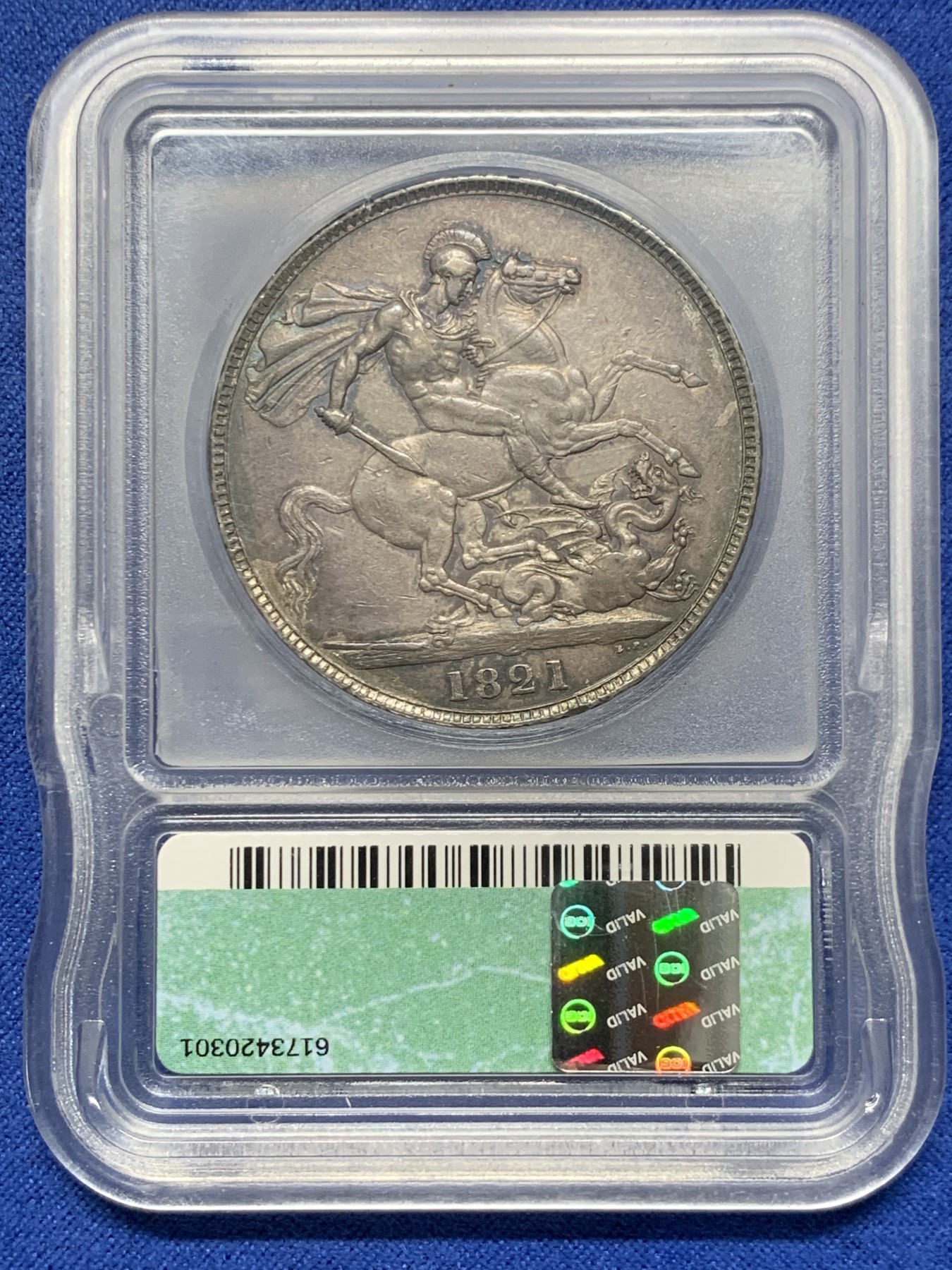 《竞宝斋》第240场-周日，周一 年终尾场 (全场包邮) ICG AU55 英国1821年马剑银币，淡蓝包浆超级状态