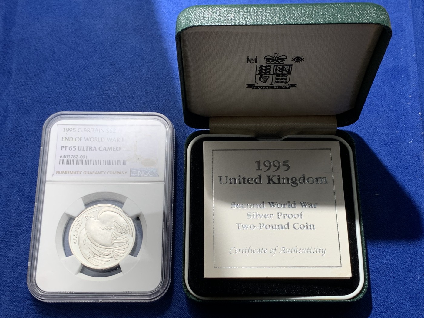 《竞宝斋》第240场-周日，周一 年终尾场 (全场包邮) NGC-PF65UC 英国 1995年 和平鸽二战结束纪念银币 2英镑 感觉低评 附原盒（绿色）