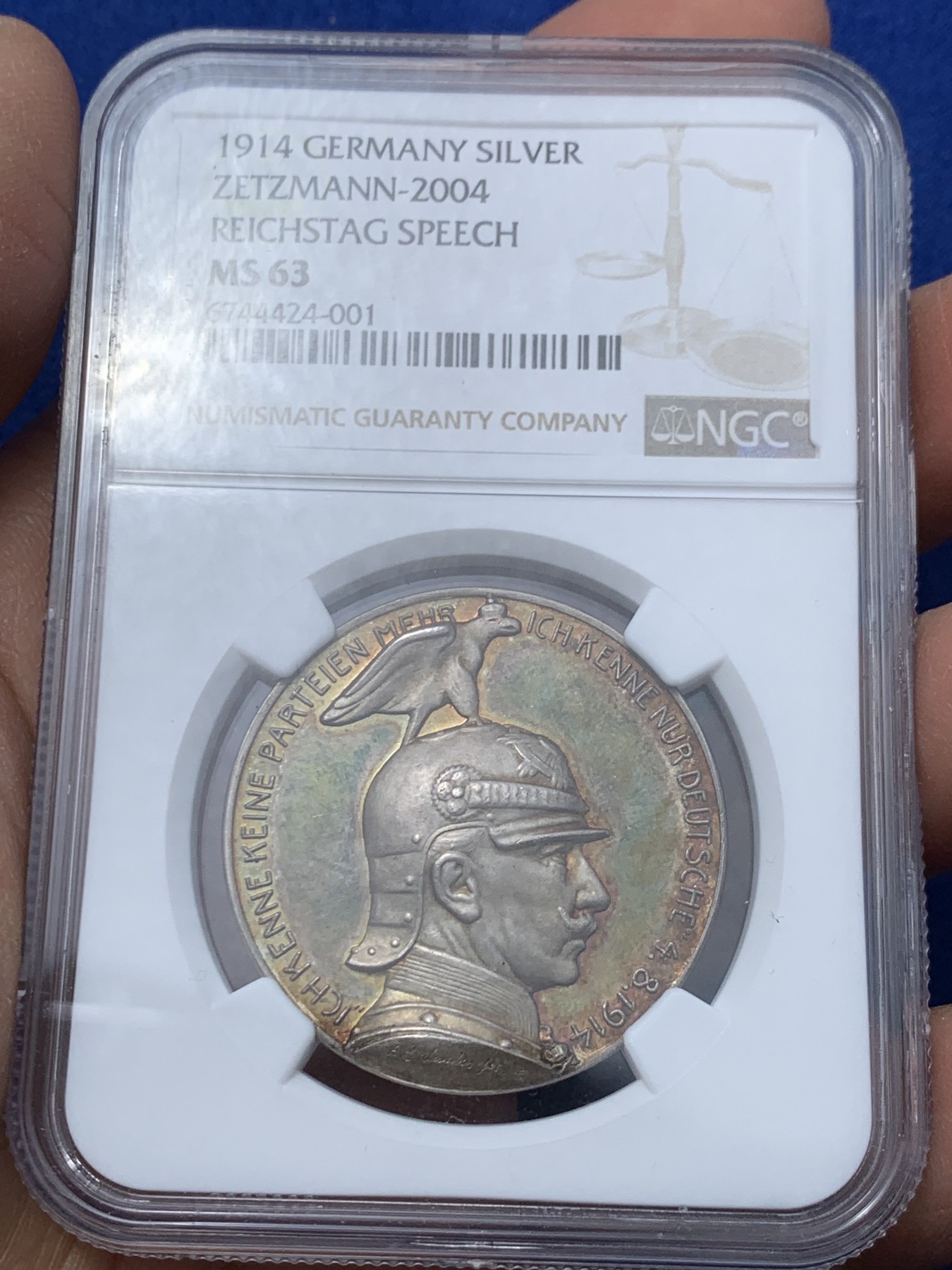 《竞宝斋》第240场-周日，周一 年终尾场 (全场包邮) NGC MS63 德国1914年威廉二世一战宣战演讲银章  NGC唯一亚军分 更高分只有一枚 同时也是PCGS亚军分 直径34.1mm,重量17.7g 高浮雕