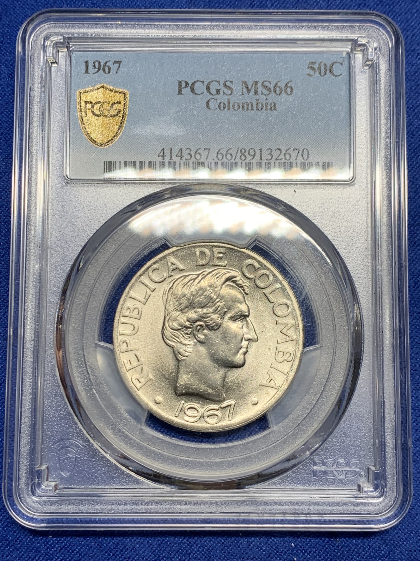 《竞宝斋》第240场-周日，周一 年终尾场 (全场包邮) PCGS金盾 MS66 哥伦比亚1967年50分镍币，高分不易