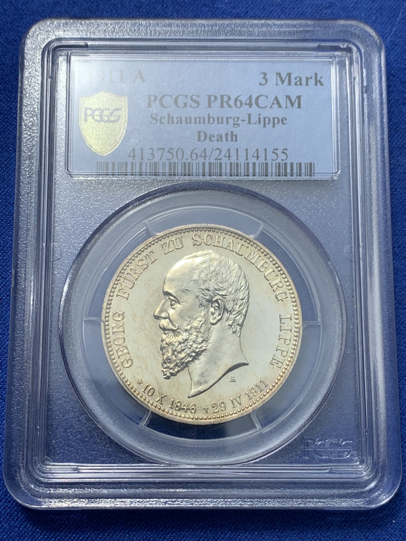 《竞宝斋》第240场-周日，周一 年终尾场 (全场包邮) PCGS-PR64CAM,德国1911年绍姆堡利普纪念3马克精制银币，金色包浆闪闪亮