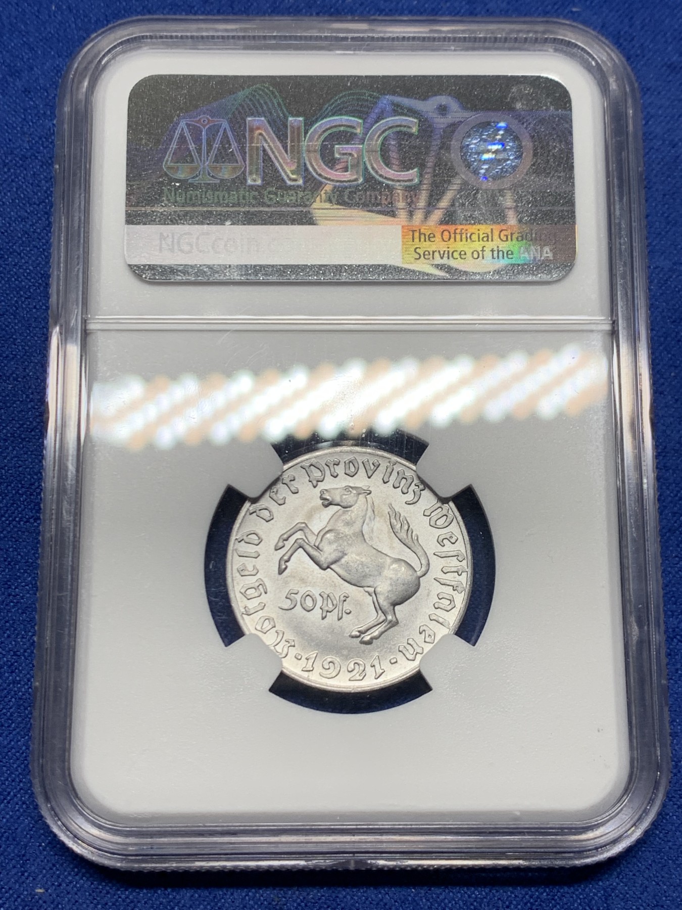 《竞宝斋》第240场-周日，周一 年终尾场 (全场包邮) NGC MS64 德国紧急状态硬币威斯特法伦1921年50芬尼马币，少见小面值，凑套必备