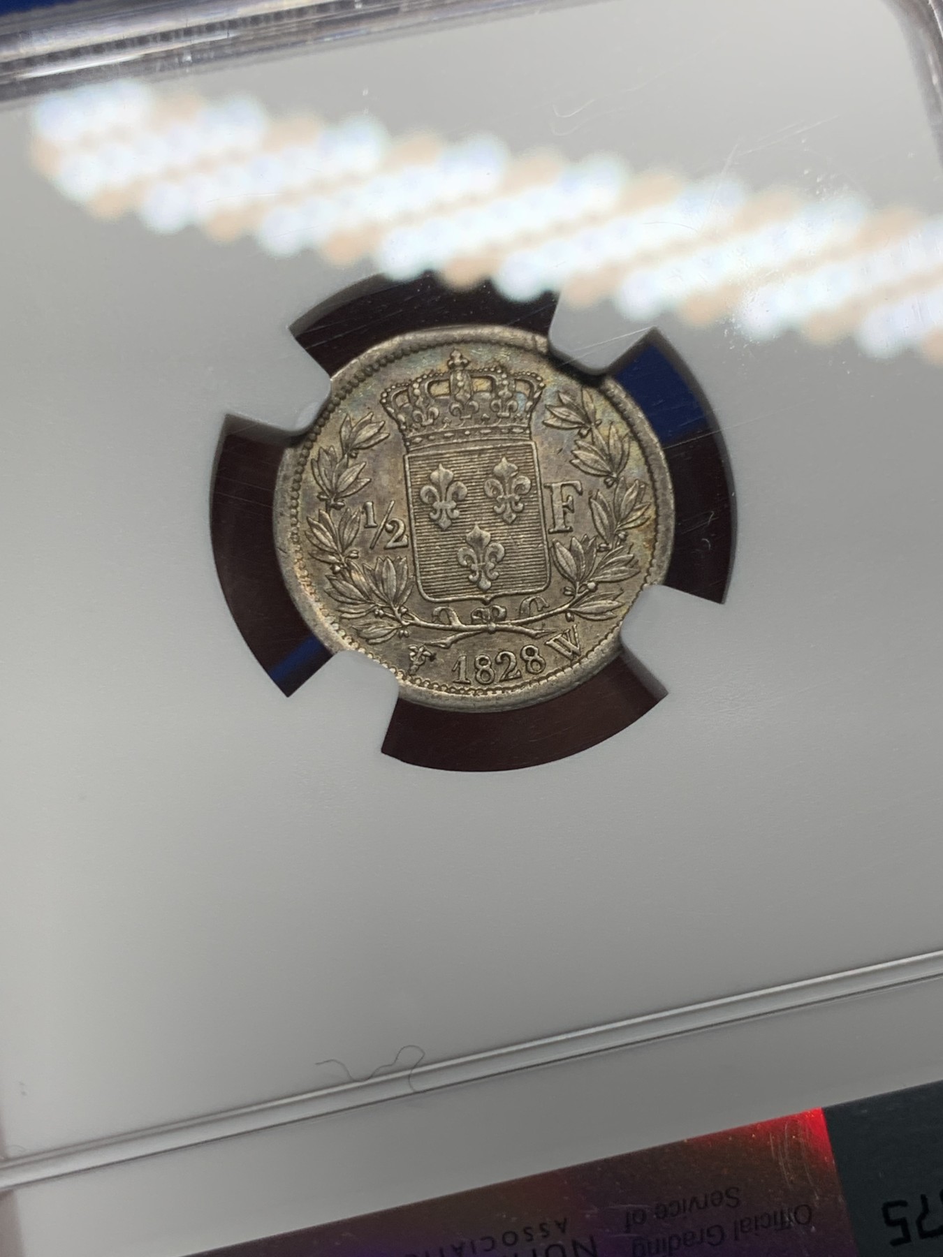 《竞宝斋》第240场-周日，周一 年终尾场 (全场包邮) NGC AU55 法国1828年W版查理十世1/2法郎银币 半法郎好品相稀有 原味老五彩