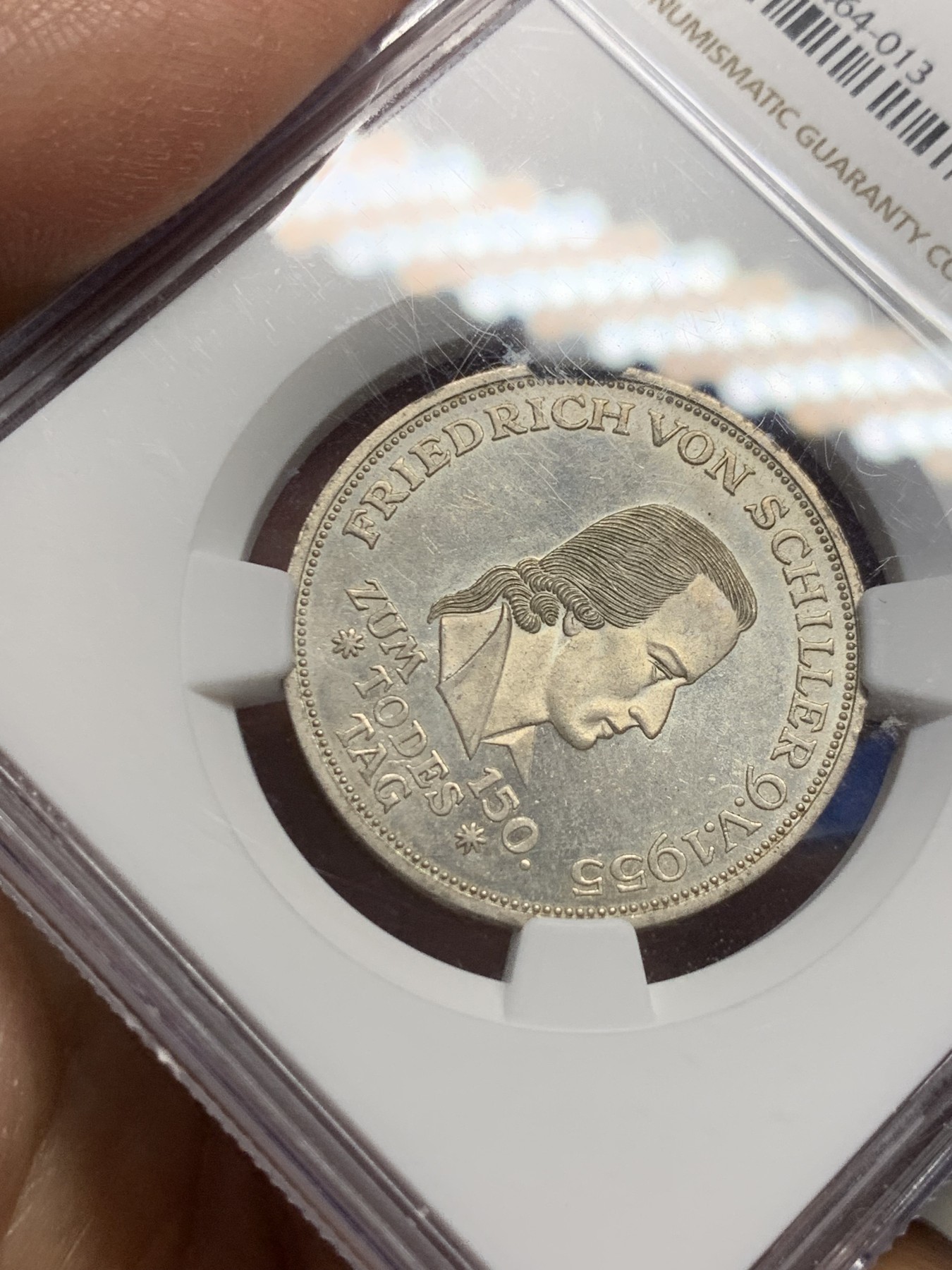 《竞宝斋》第240场-周日，周一 年终尾场 (全场包邮) NGC MS63 1955年联邦德国席勒纪念5马克银币，西德五大天王之一