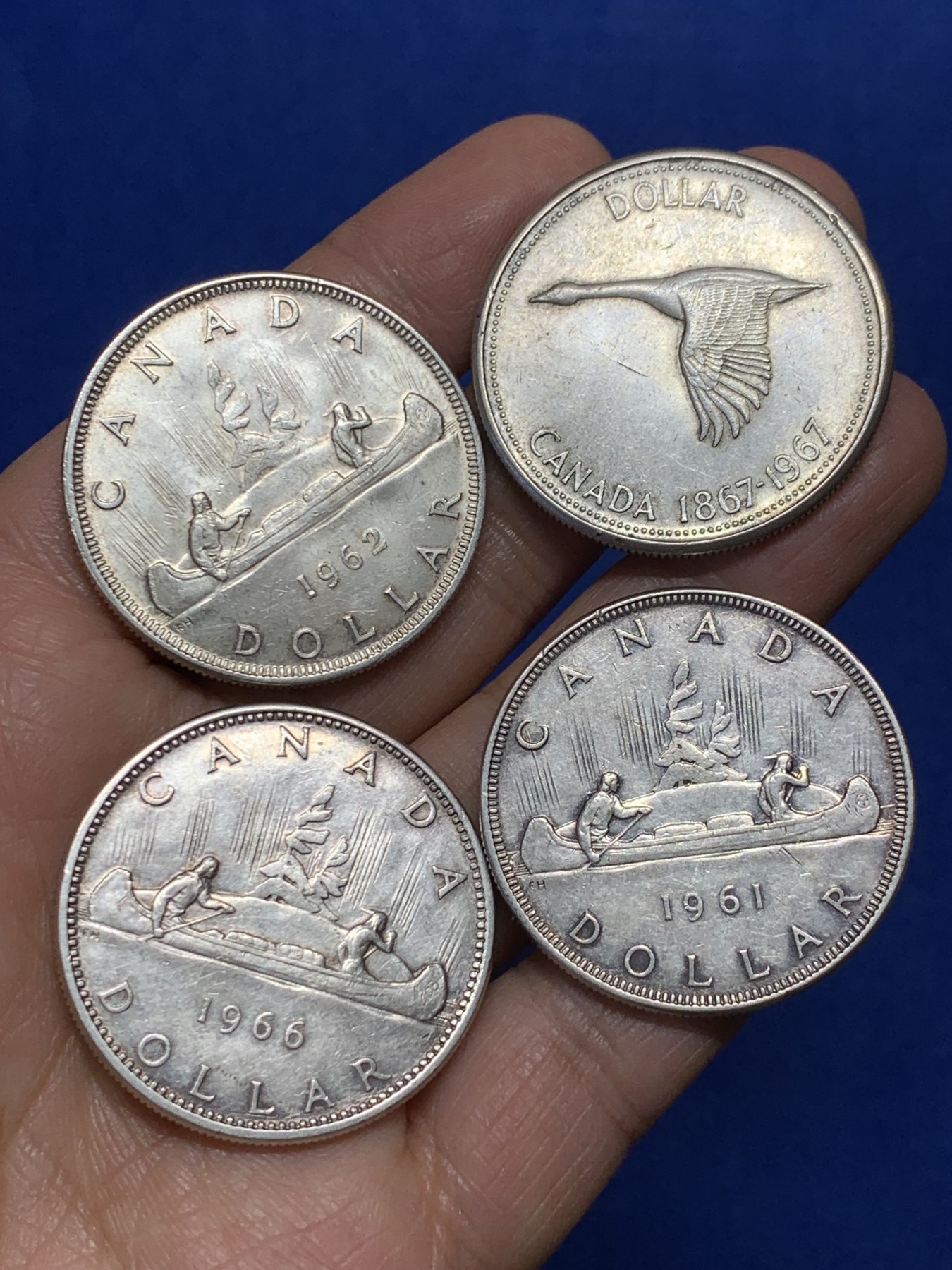 《竞宝斋》第240场-周日，周一 年终尾场 (全场包邮) 4枚一组 加拿大一元银币 每枚重23.3g 800银 状态都不错 带底光