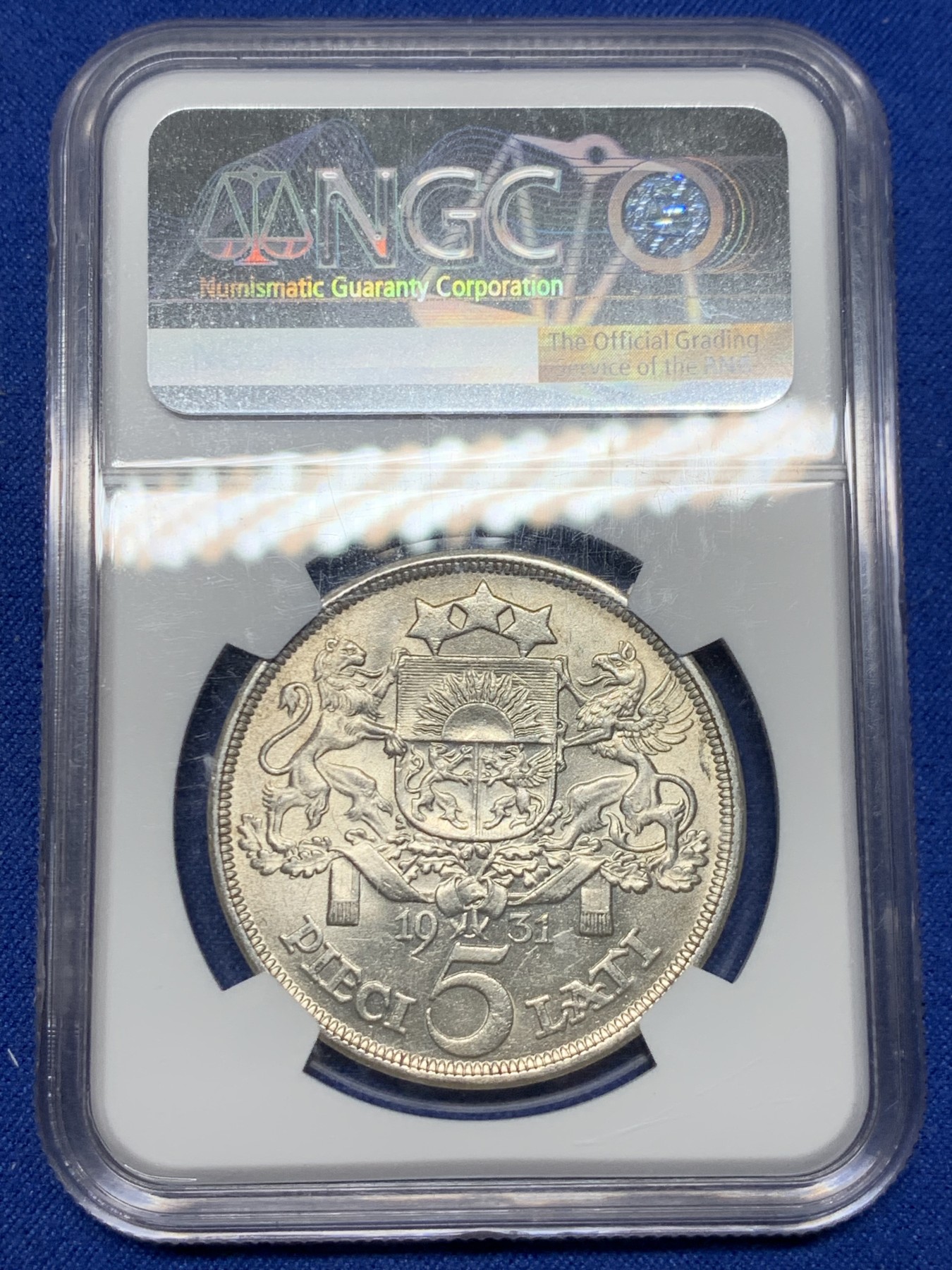 《竞宝斋》第240场-周日，周一 年终尾场 (全场包邮) NGC-MS62 拉脱维亚 1931年 5拉脱银币 转光强烈